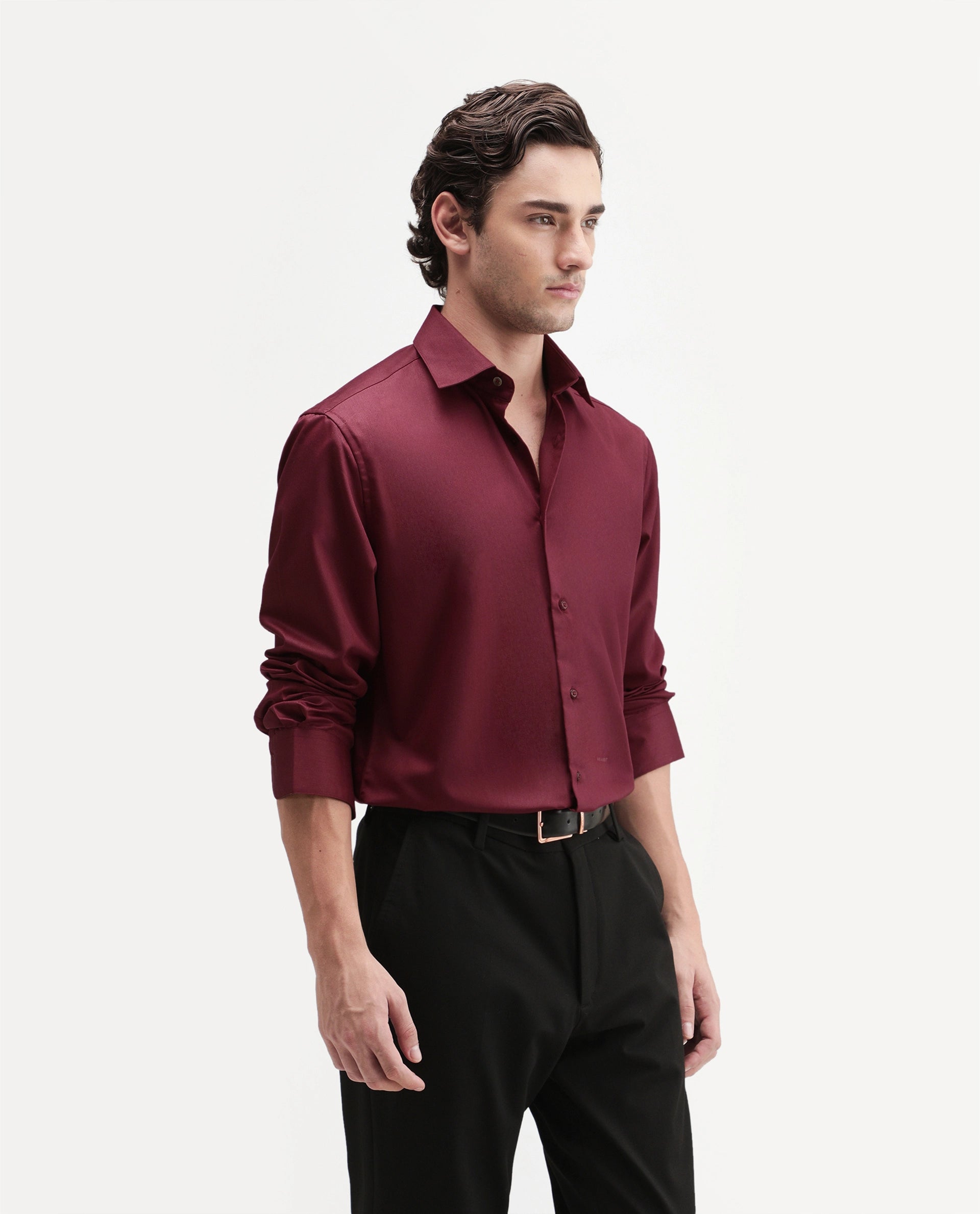 Rare Rabbit Men's Aston Maroon Polyester Blend Spread Collar Button Regular Plain Shirt