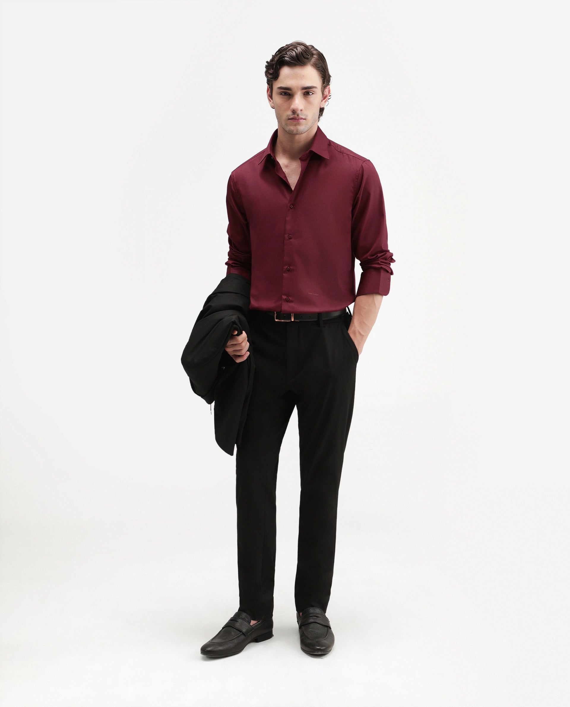 Rare Rabbit Men's Aston Maroon Polyester Blend Spread Collar Button Regular Plain Shirt