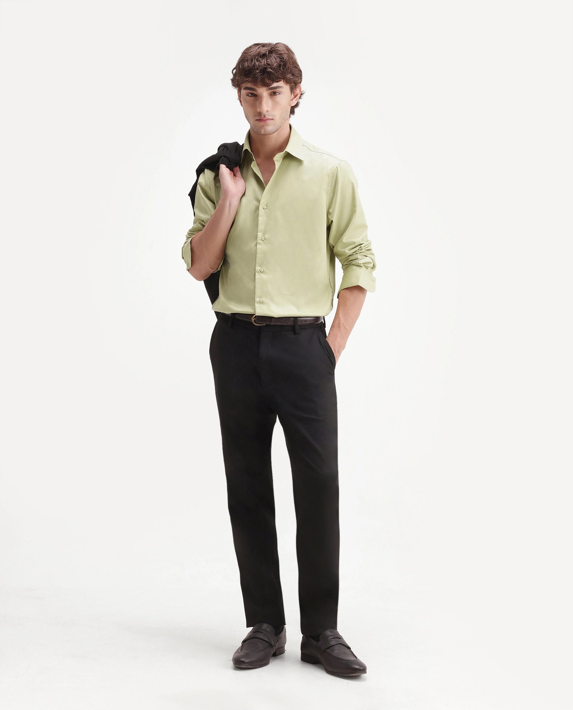 Rare Rabbit Men's Aston Light Green Polyester Blend Spread Collar Button Regular Plain Shirt