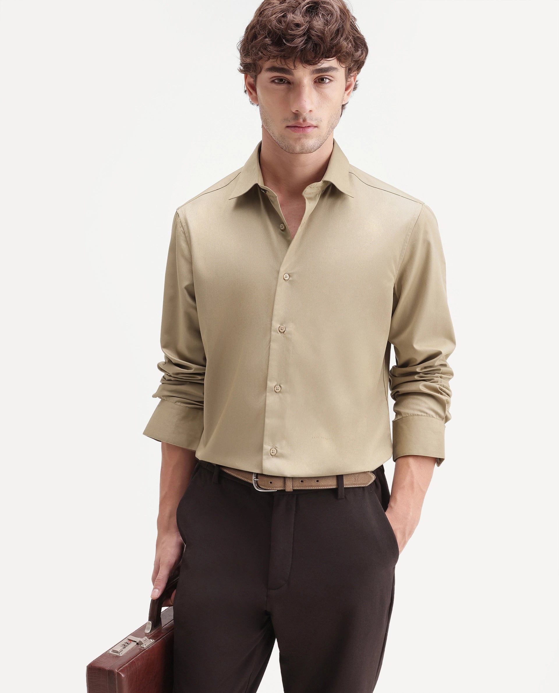 Rare Rabbit Men's Aston Gold Polyester Blend Spread Collar Button Regular Plain Shirt