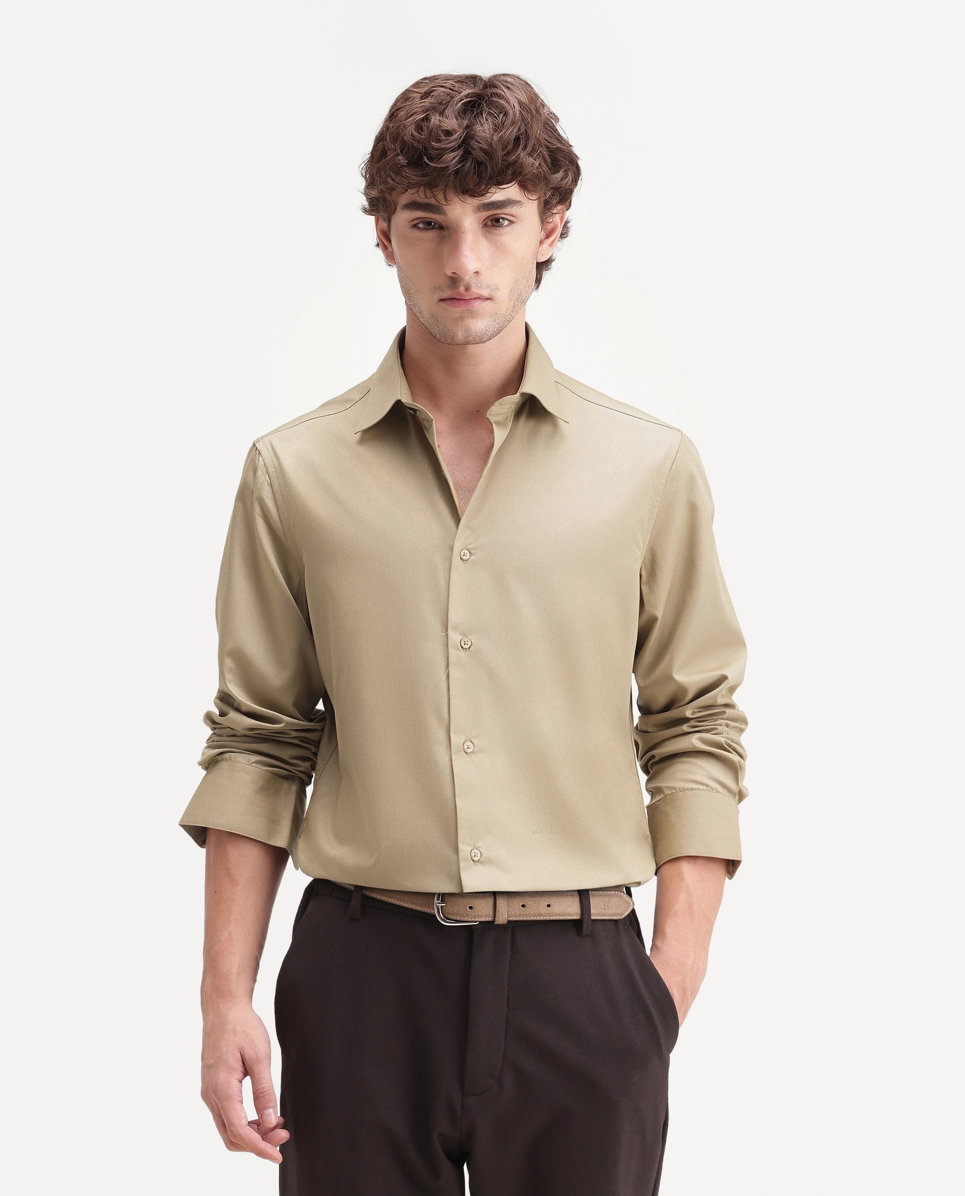 Rare Rabbit Men's Aston Gold Polyester Blend Spread Collar Button Regular Plain Shirt