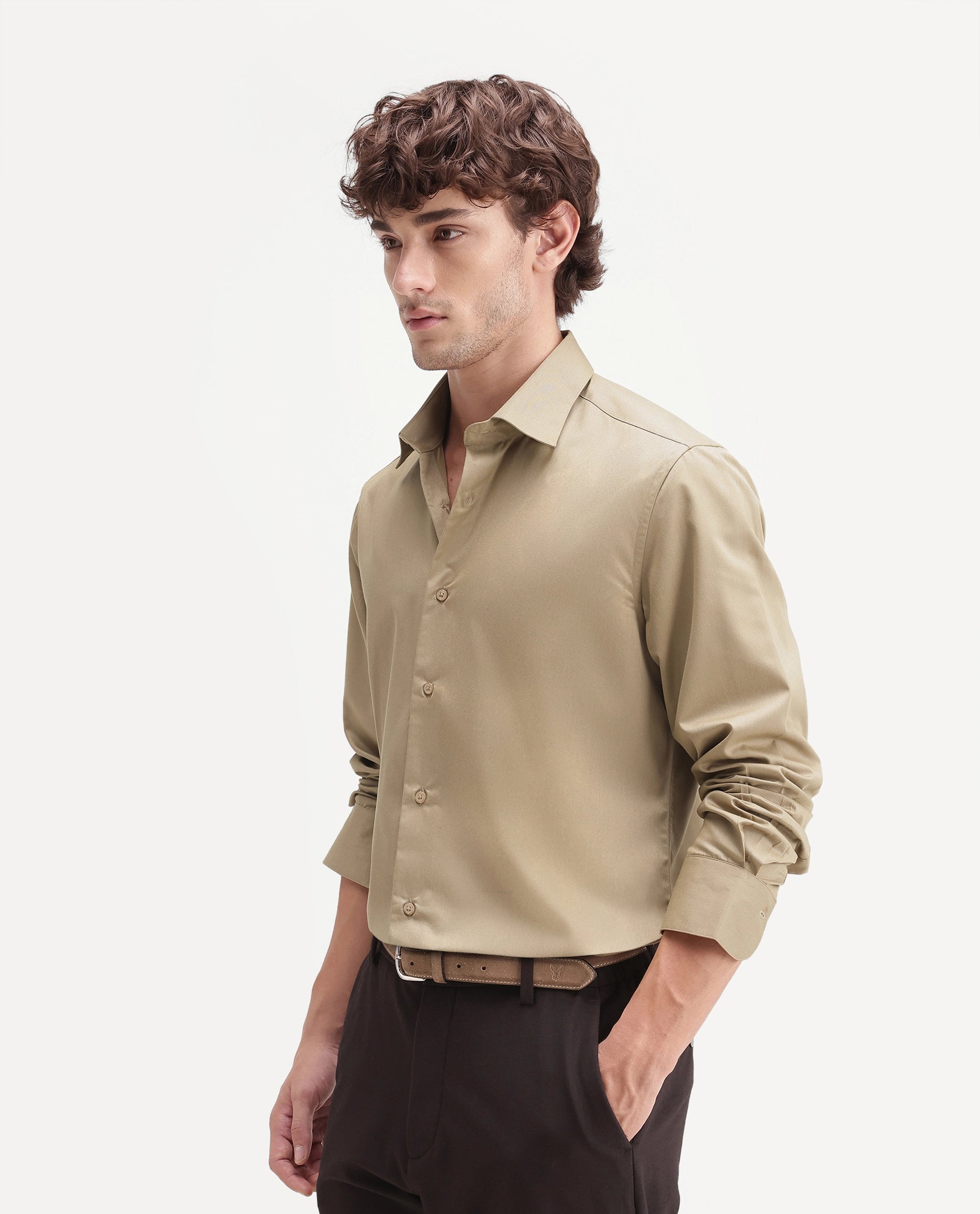 Rare Rabbit Men's Aston Gold Polyester Blend Spread Collar Button Regular Plain Shirt