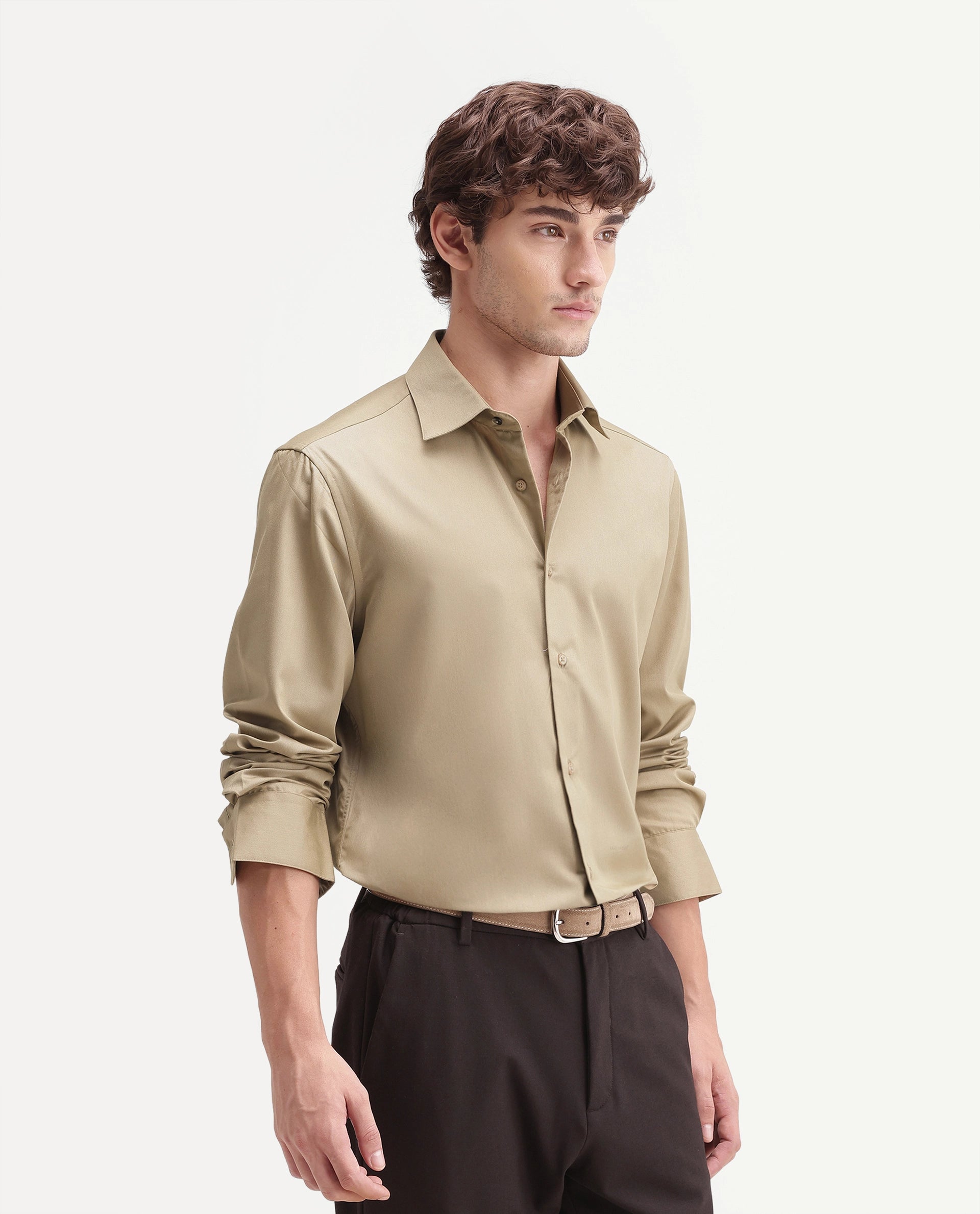 Rare Rabbit Men's Aston Gold Polyester Blend Spread Collar Button Regular Plain Shirt