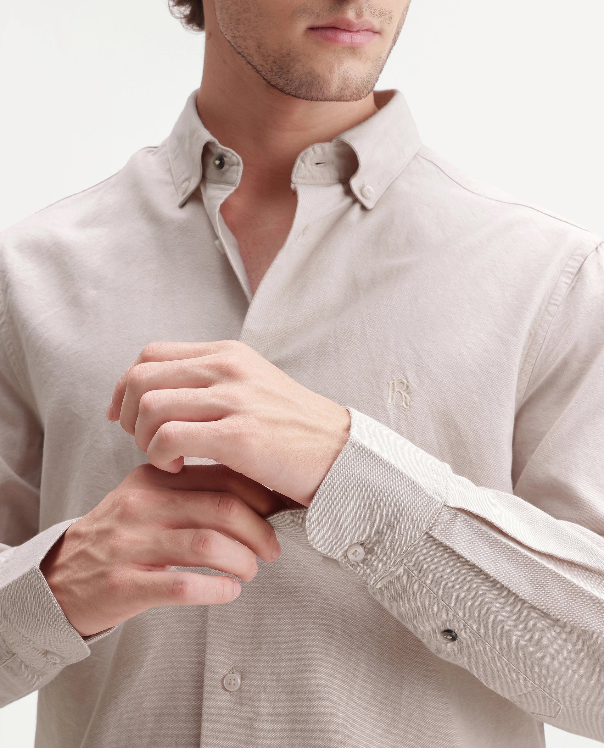 Rare Rabbit Men's Rezos Beige Cotton Button-Down Collar Regular Fit Plain Shirt