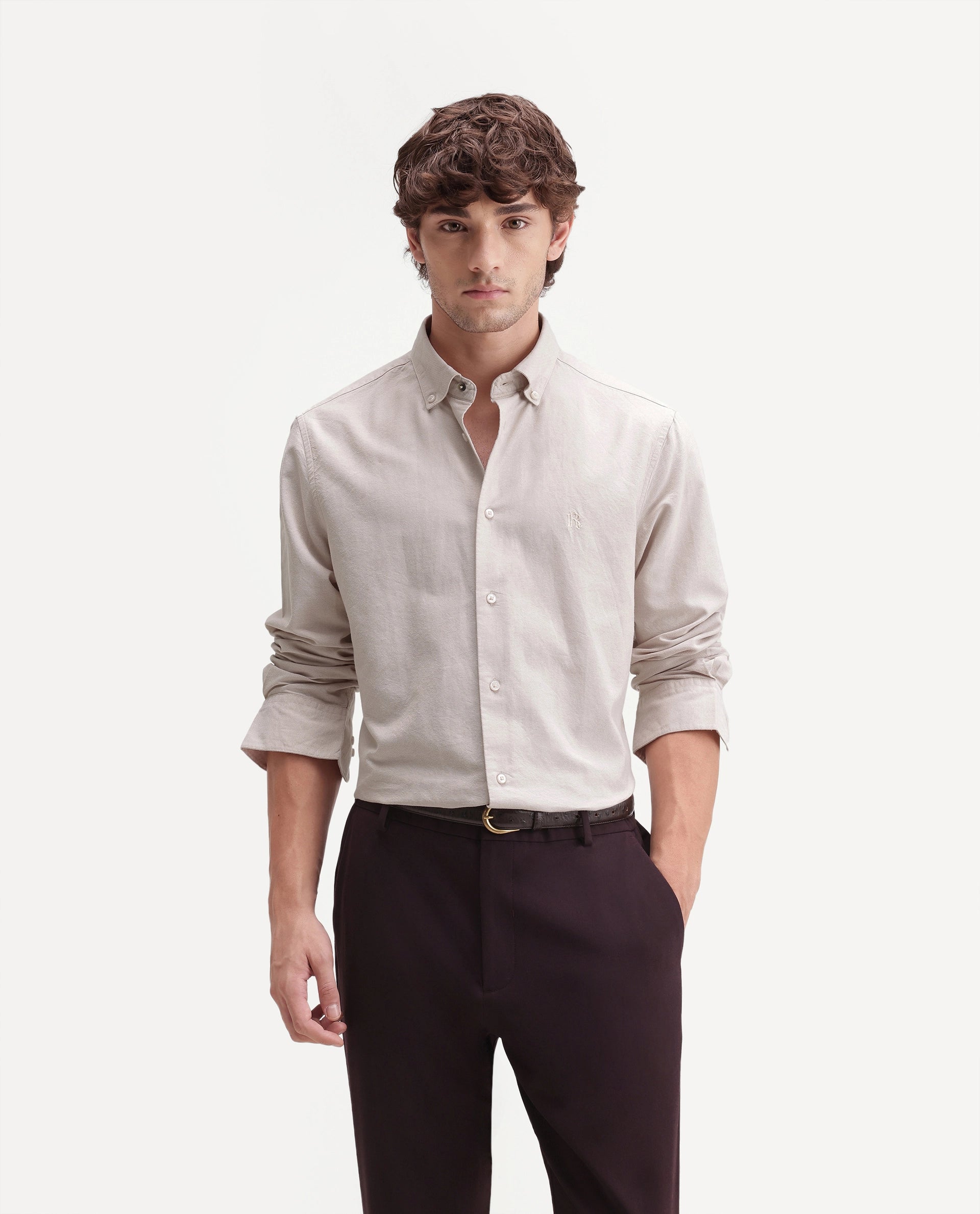 Rare Rabbit Men's Rezos Beige Cotton Button-Down Collar Regular Fit Plain Shirt
