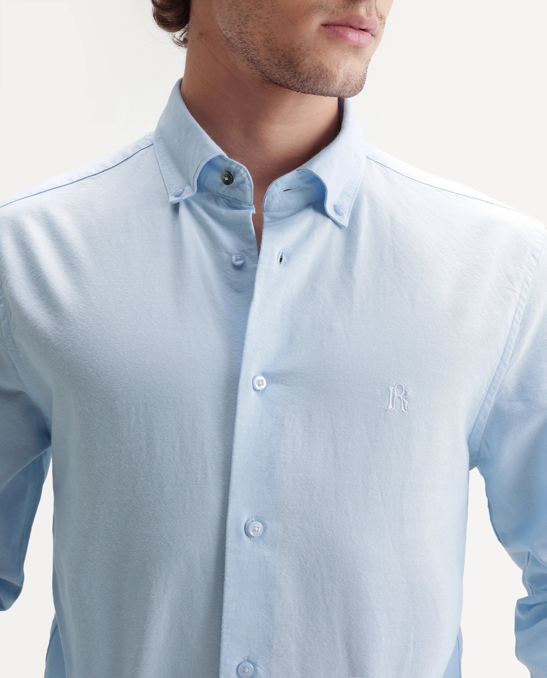 Rare Rabbit Men's Rezos Light Blue Cotton Button-Down Collar Regular Fit Plain Shirt
