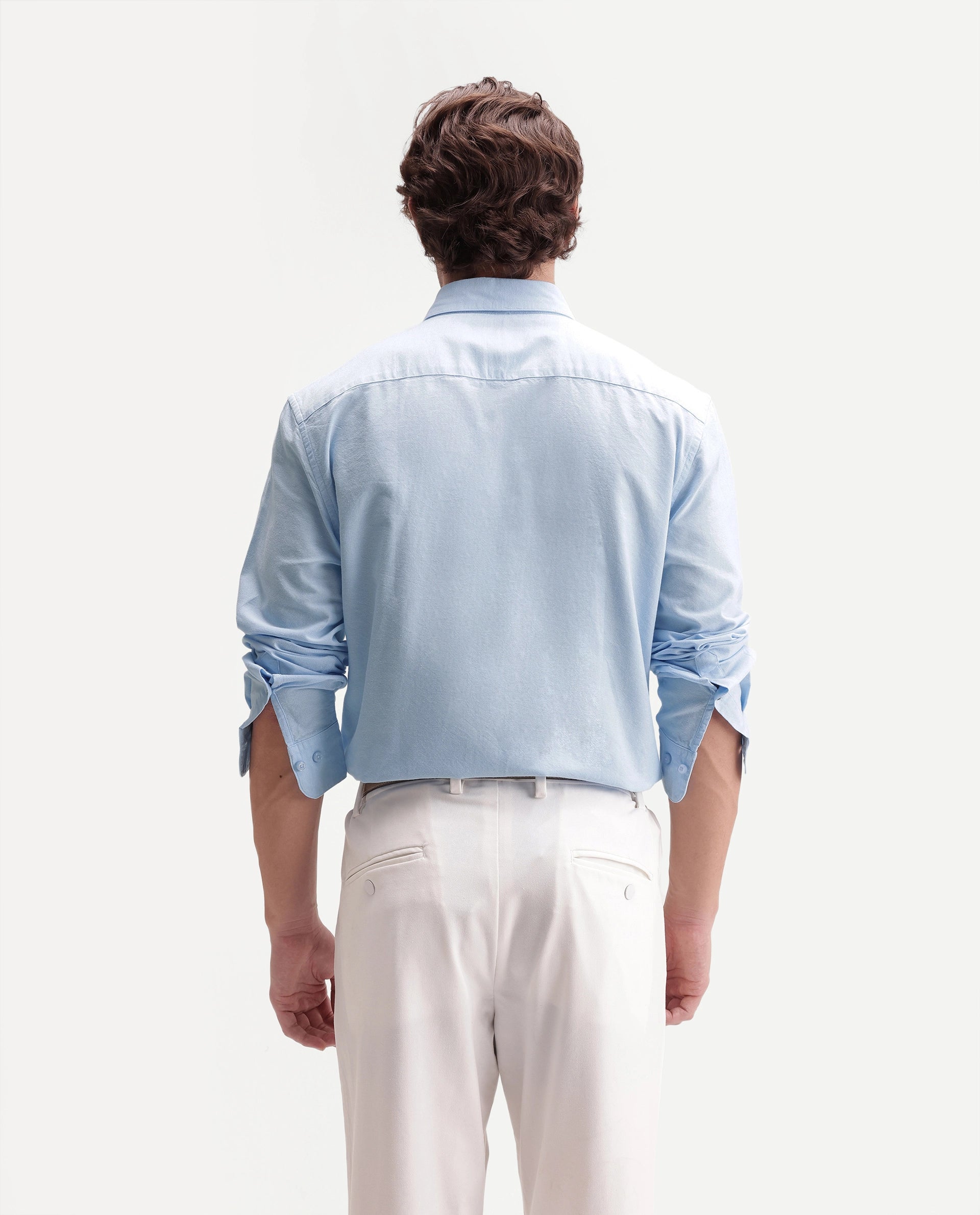 Rare Rabbit Men's Rezos Light Blue Cotton Button-Down Collar Regular Fit Plain Shirt