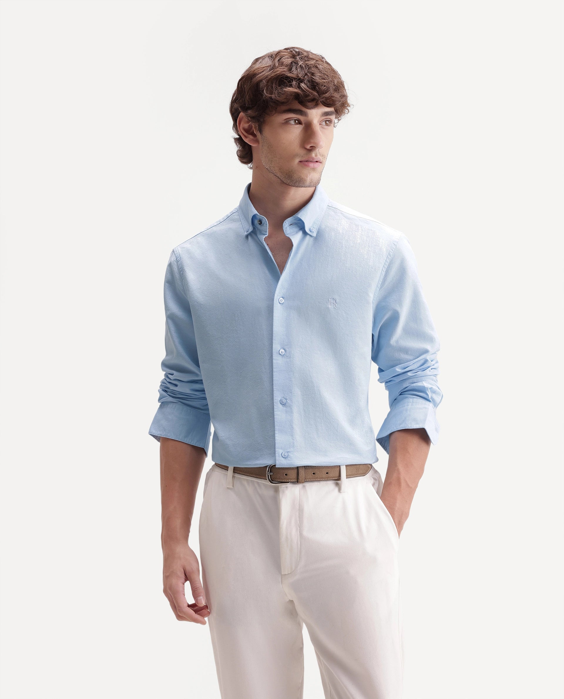 Rare Rabbit Men's Rezos Light Blue Cotton Button-Down Collar Regular Fit Plain Shirt