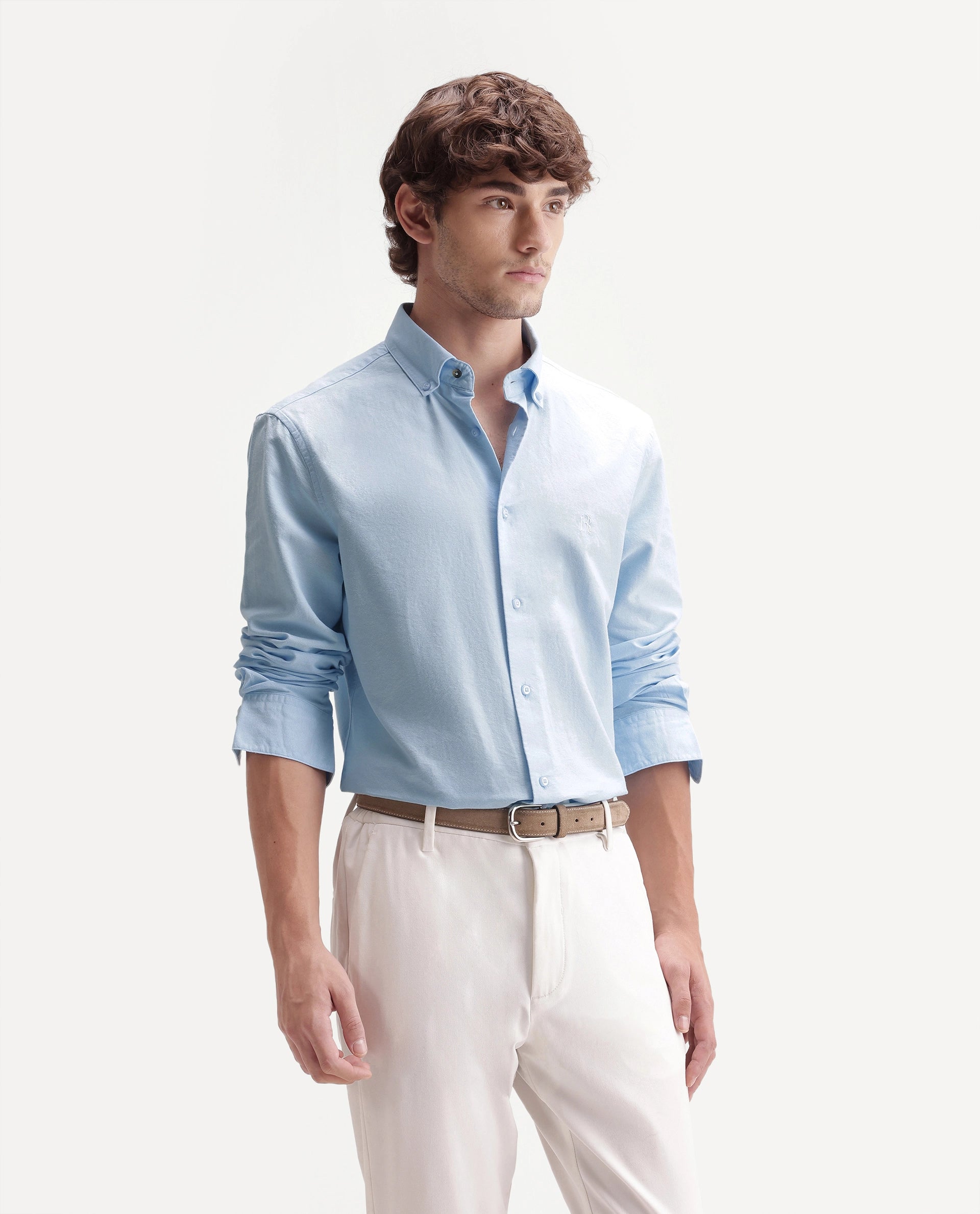 Rare Rabbit Men's Rezos Light Blue Cotton Button-Down Collar Regular Fit Plain Shirt