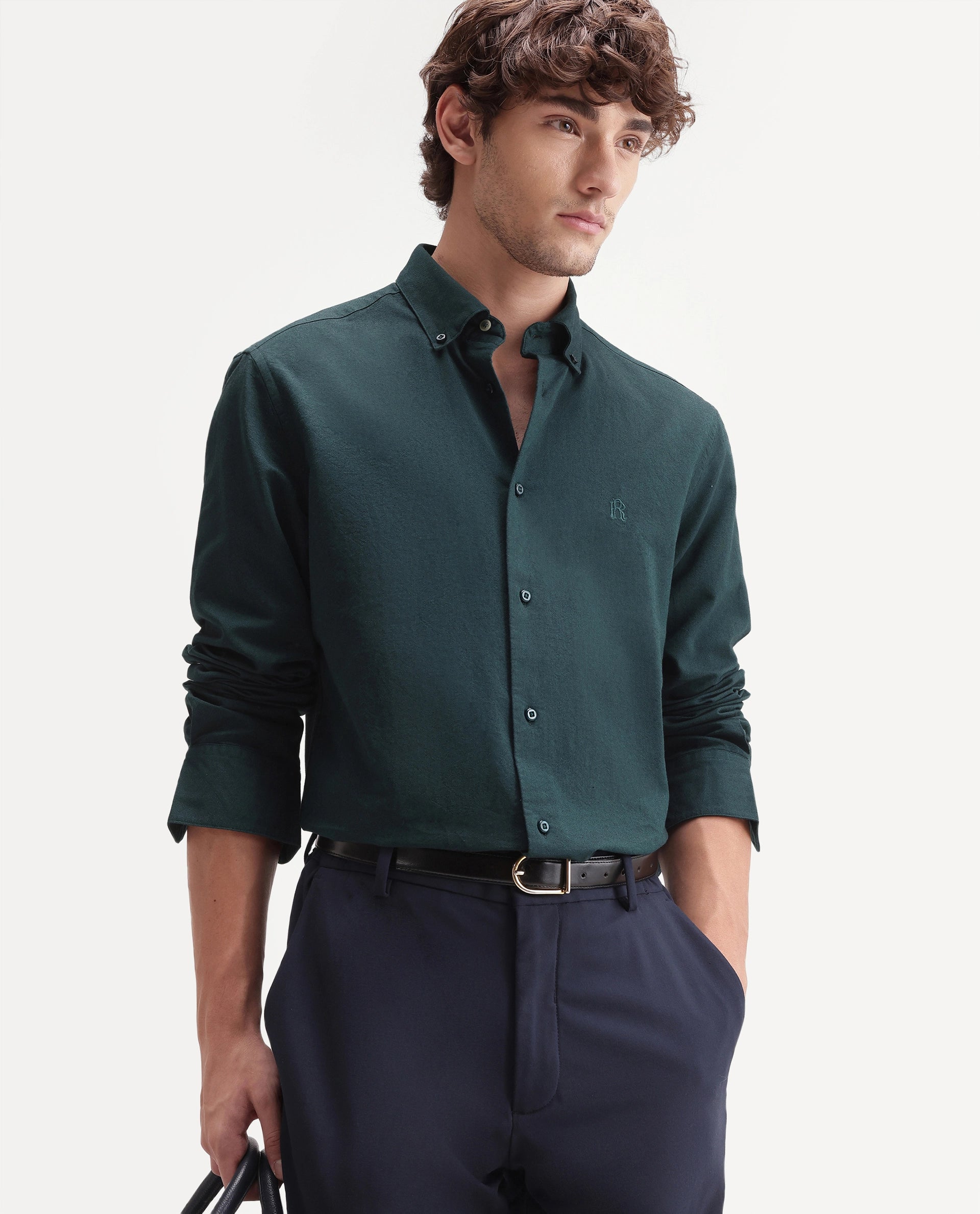 Rare Rabbit Men's Rezos Dark Green Cotton Button-Down Collar Regular Fit Plain Shirt