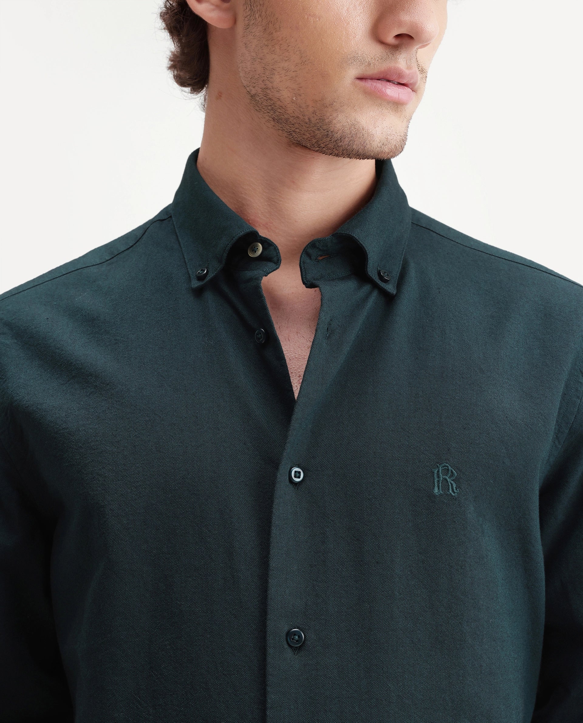 Rare Rabbit Men's Rezos Dark Green Cotton Button-Down Collar Regular Fit Plain Shirt