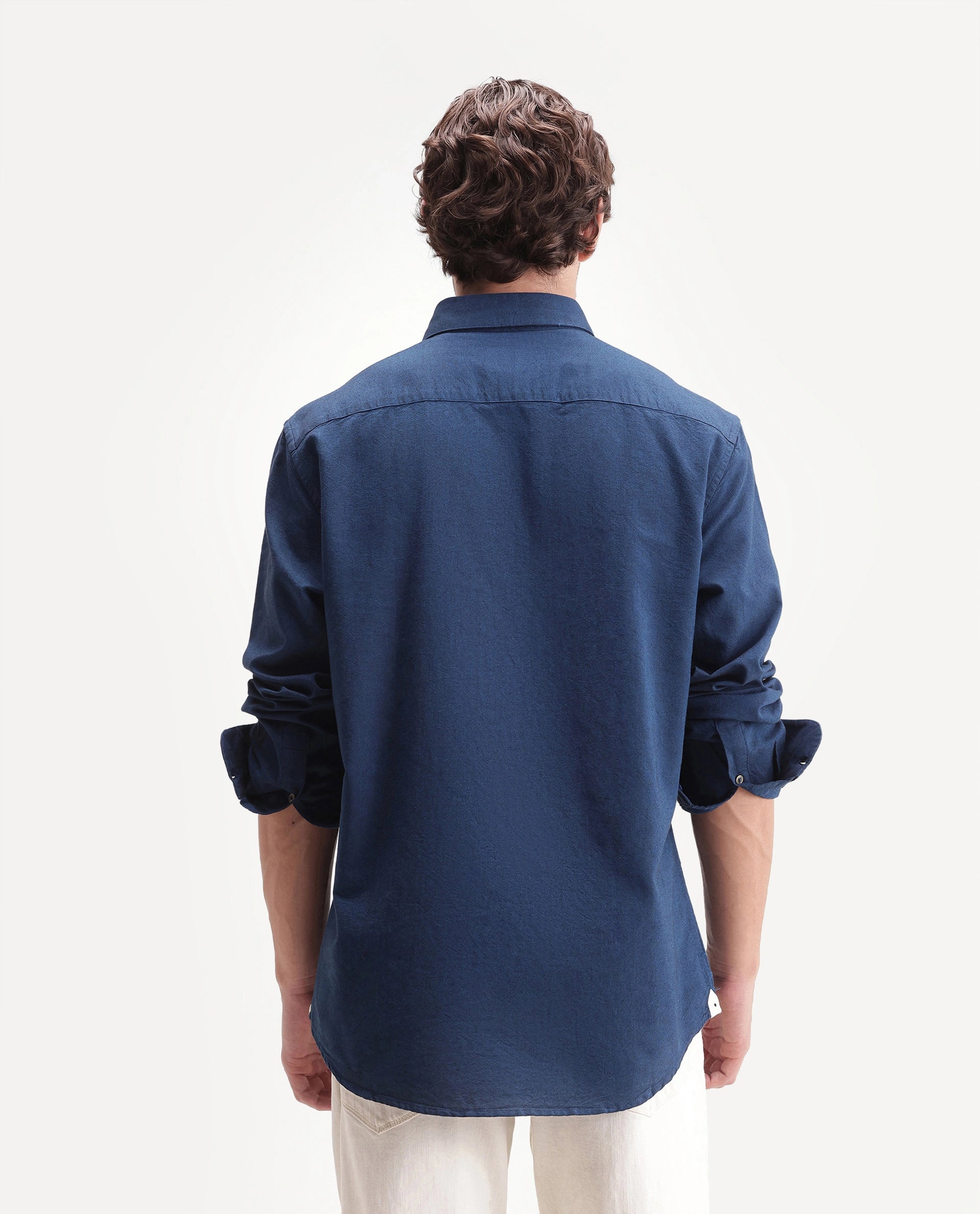 Rare Rabbit Men's Rezos Dark Blue Cotton Button-Down Collar Regular Fit Plain Shirt