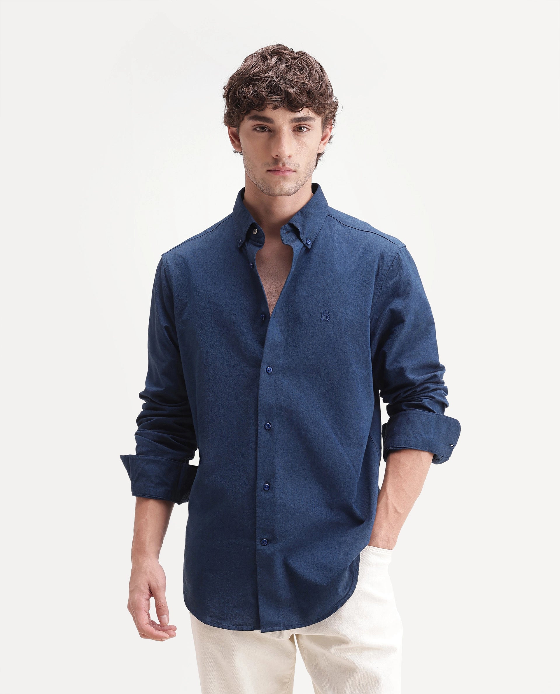 Rare Rabbit Men's Rezos Dark Blue Cotton Button-Down Collar Regular Fit Plain Shirt
