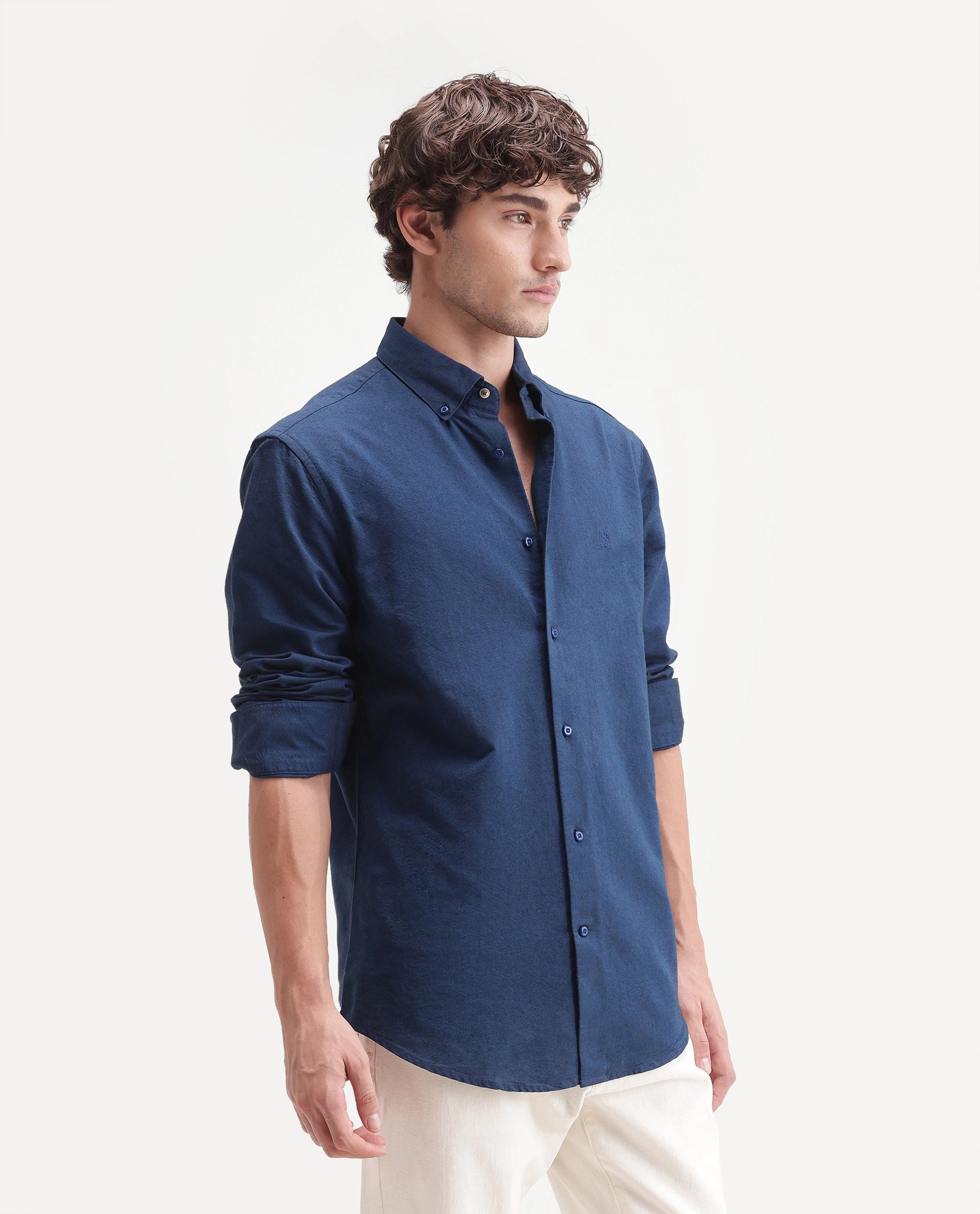 Rare Rabbit Men's Rezos Dark Blue Cotton Button-Down Collar Regular Fit Plain Shirt