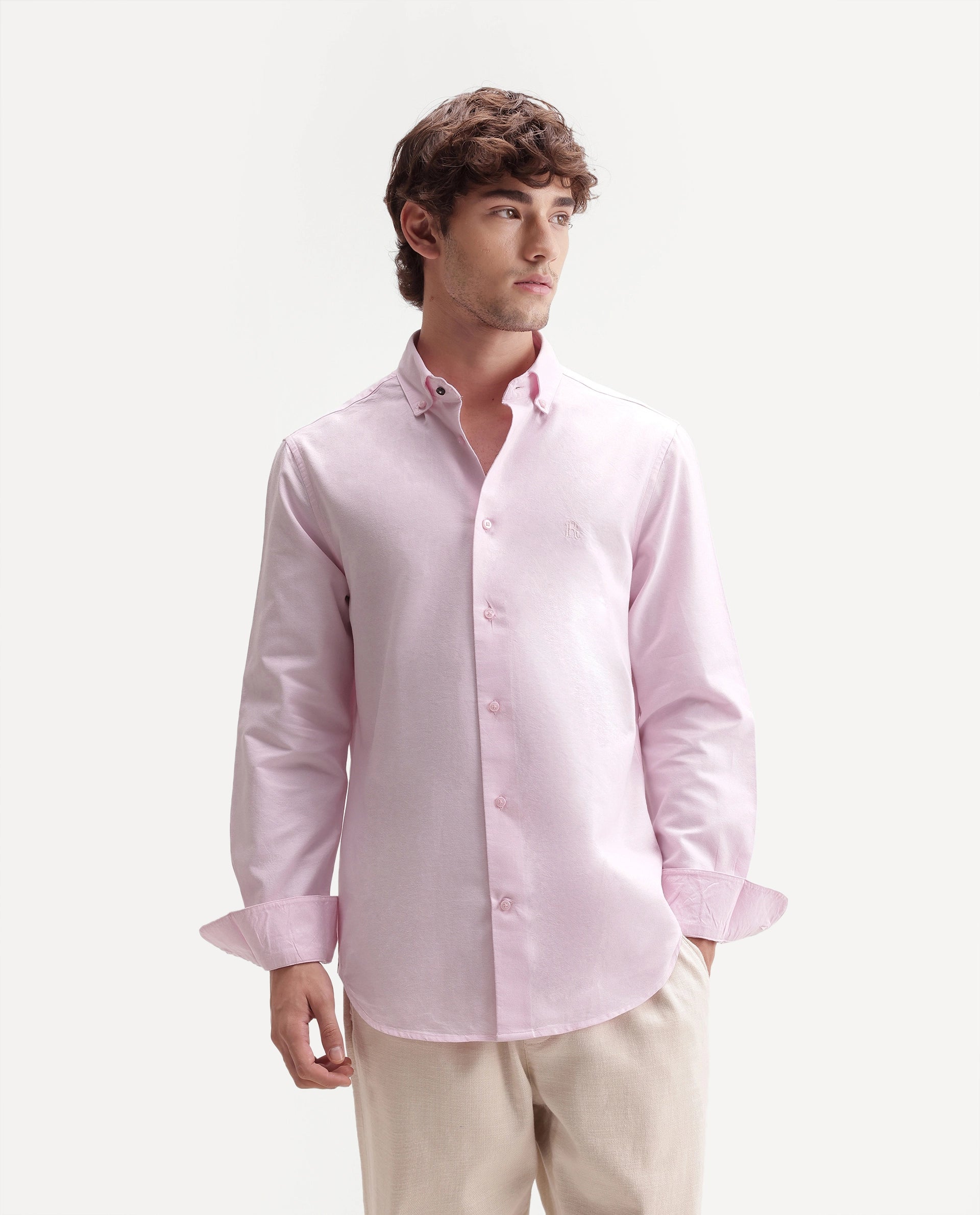 Rare Rabbit Men's Rezos Light Pink Cotton Button-Down Collar Regular Fit Plain Shirt
