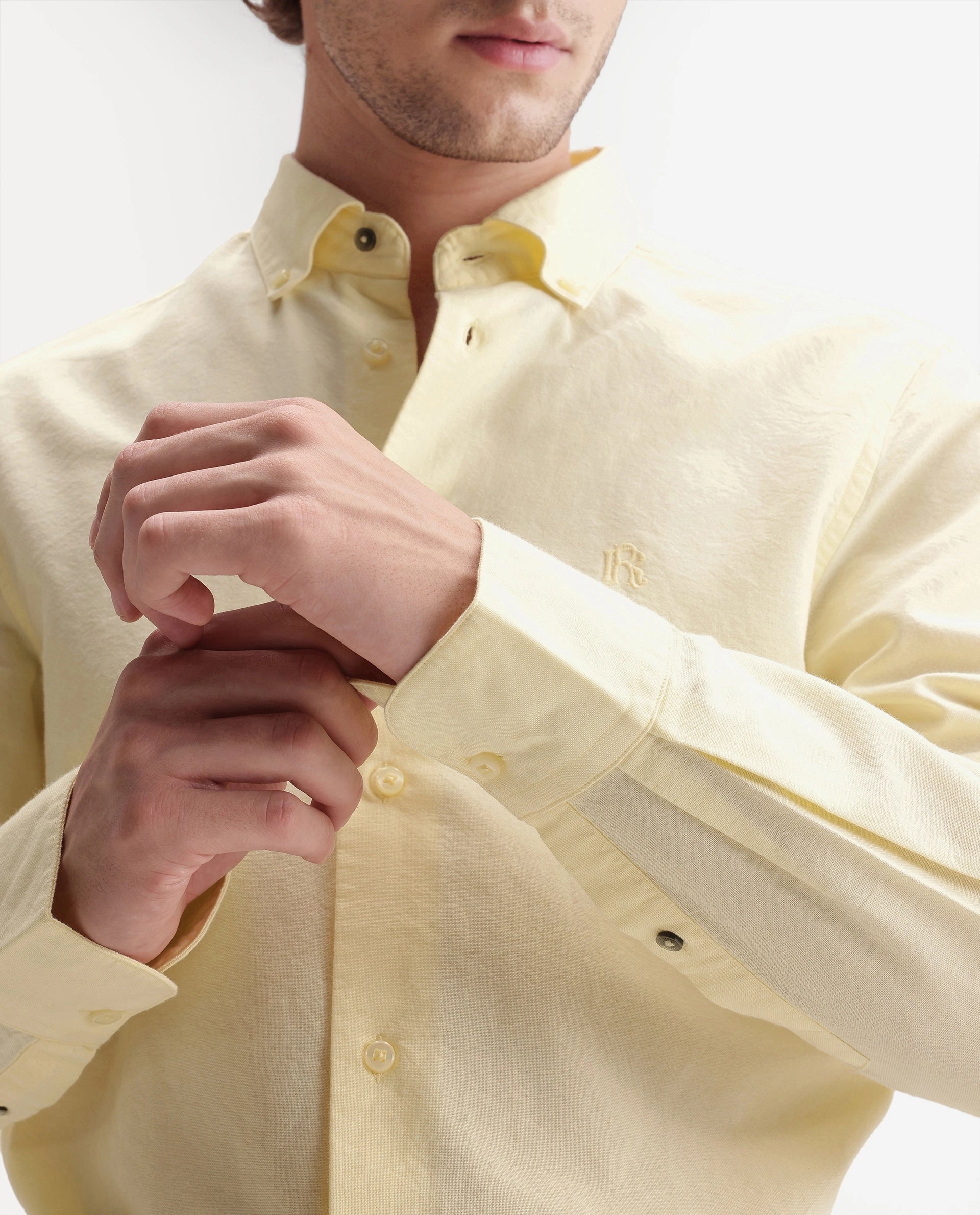 Rare Rabbit Men's Rezos Light Yellow Cotton Button-Down Collar Regular Fit Plain Shirt