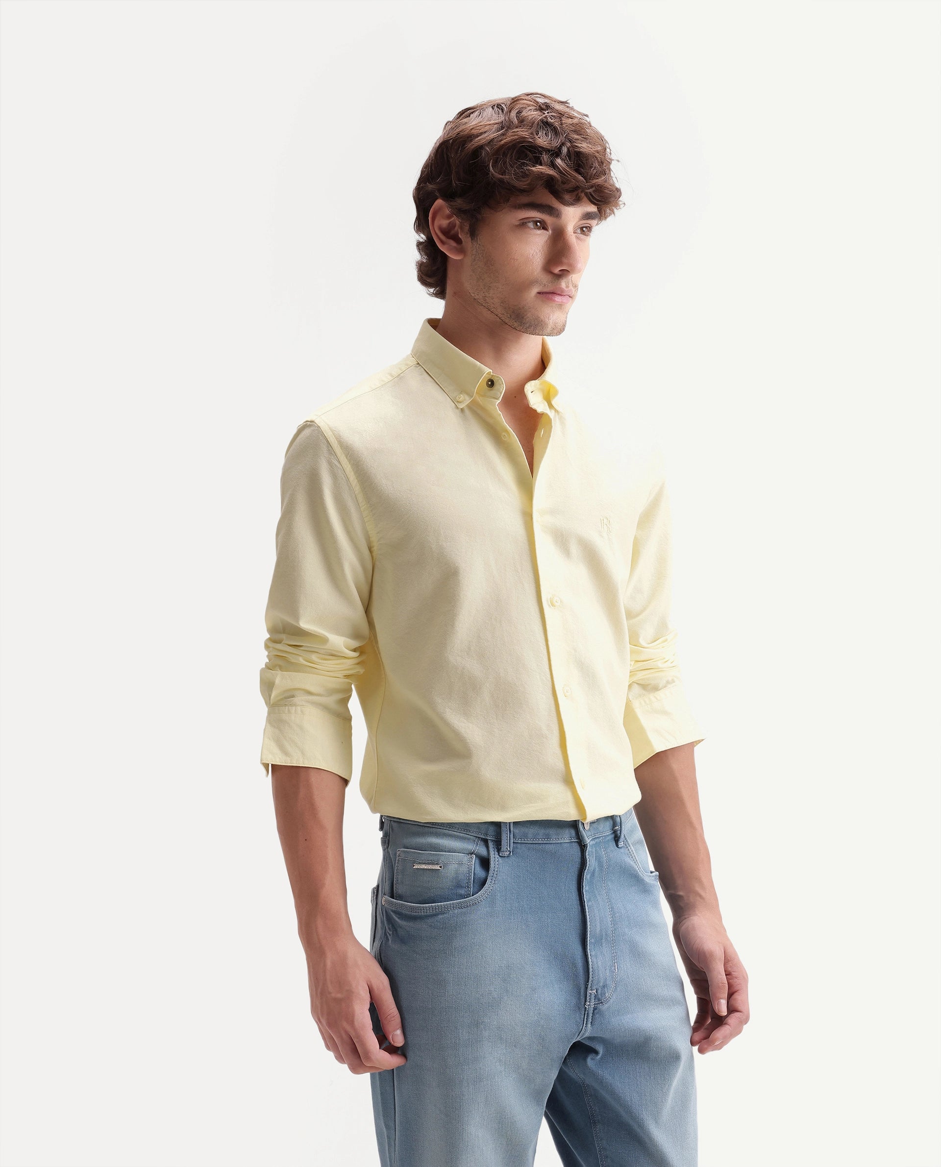 Rare Rabbit Men's Rezos Light Yellow Cotton Button-Down Collar Regular Fit Plain Shirt