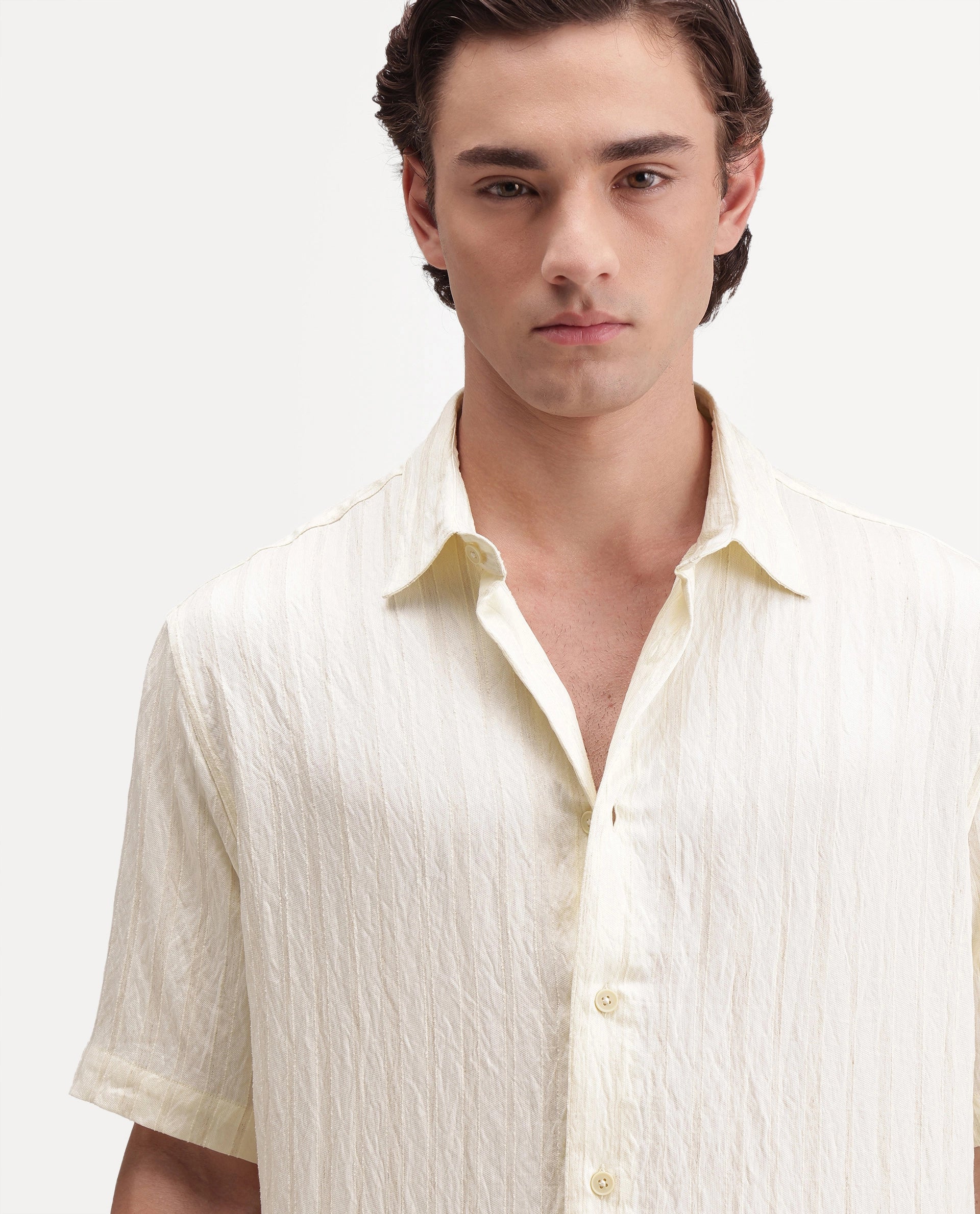 Rare Rabbit Men's Darsh-S Light Yellow Viscose Blend Spread Collar Regular Fit Textured Shirt