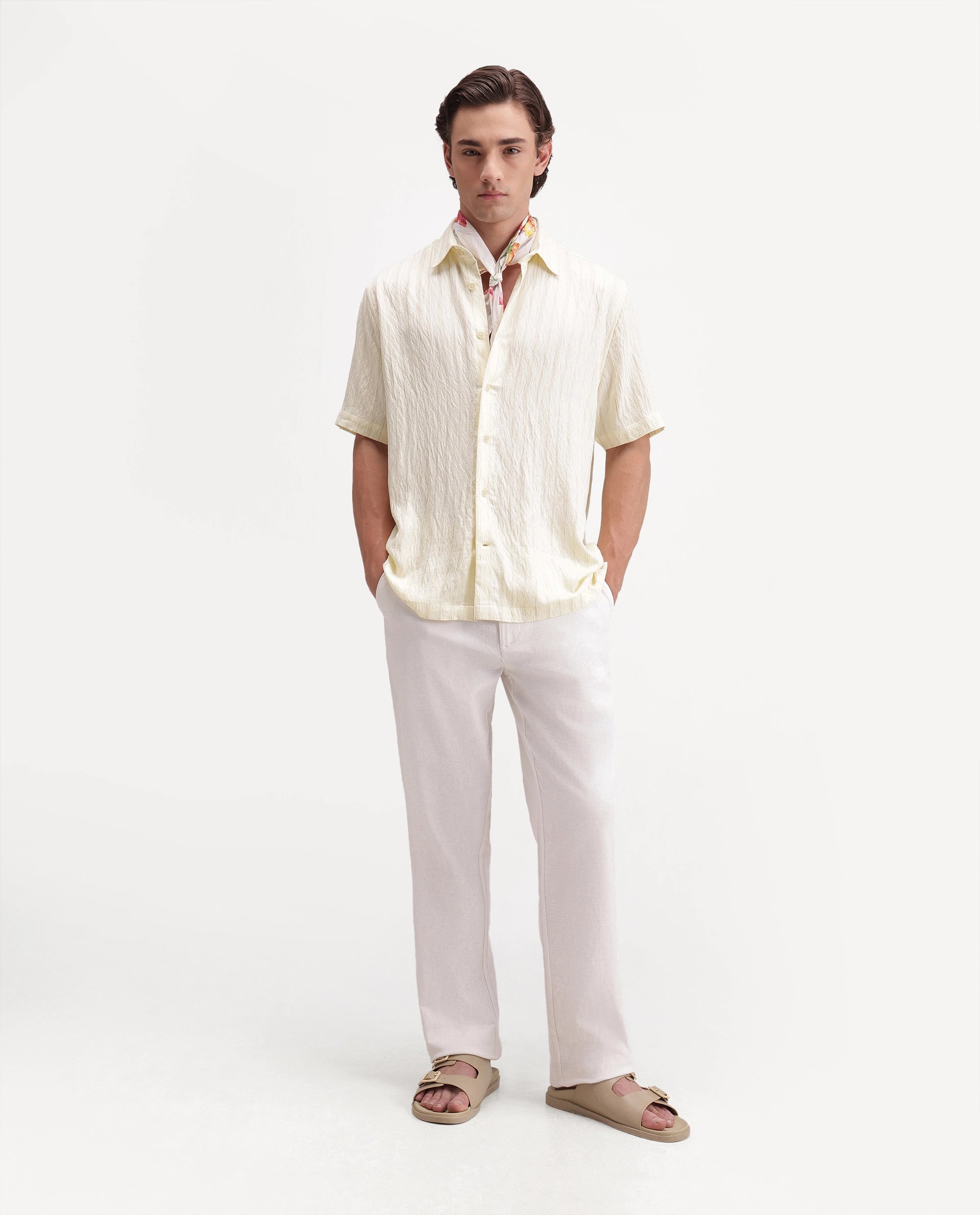 Rare Rabbit Men's Darsh-S Light Yellow Viscose Blend Spread Collar Regular Fit Textured Shirt