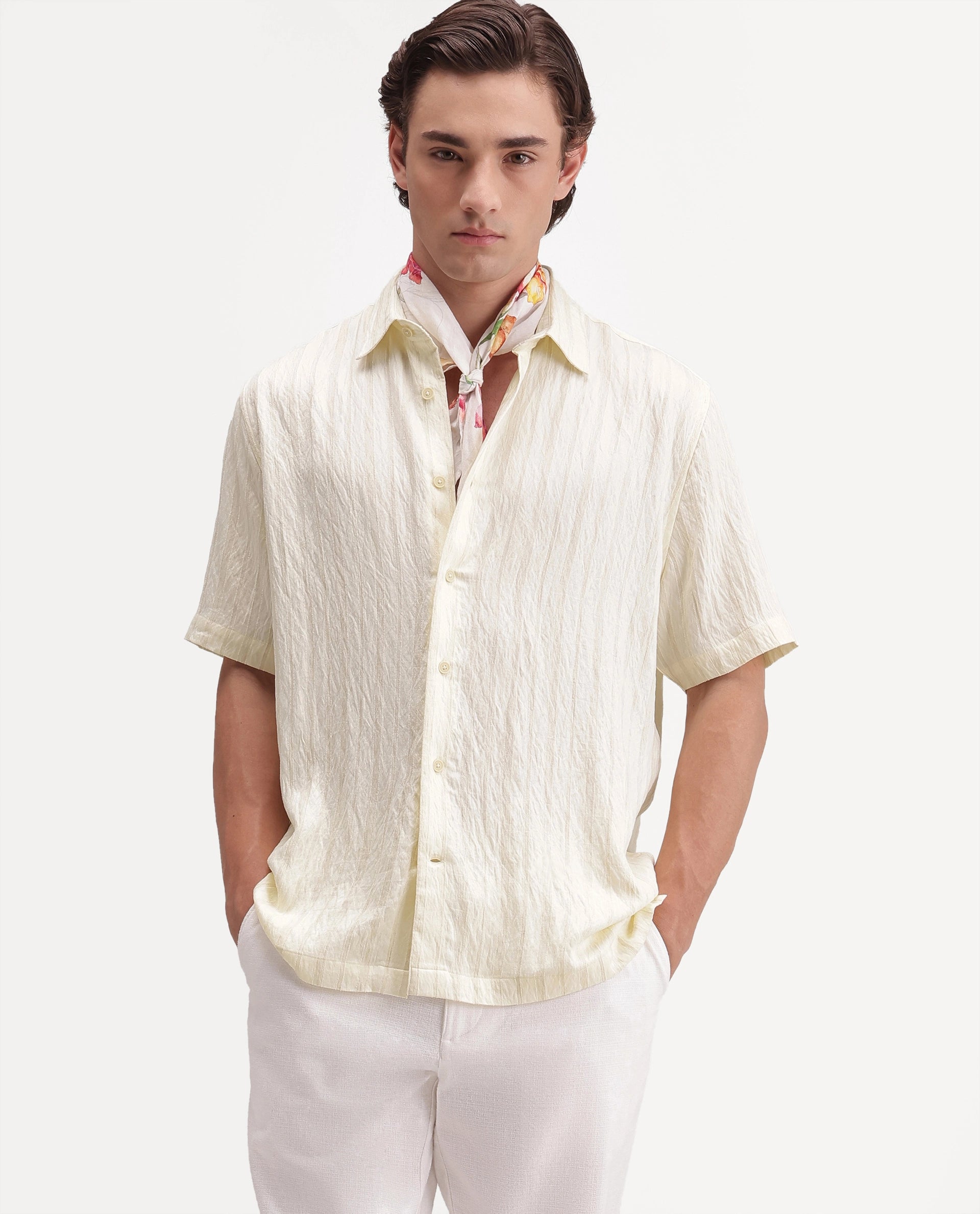 Rare Rabbit Men's Darsh-S Light Yellow Viscose Blend Spread Collar Regular Fit Textured Shirt