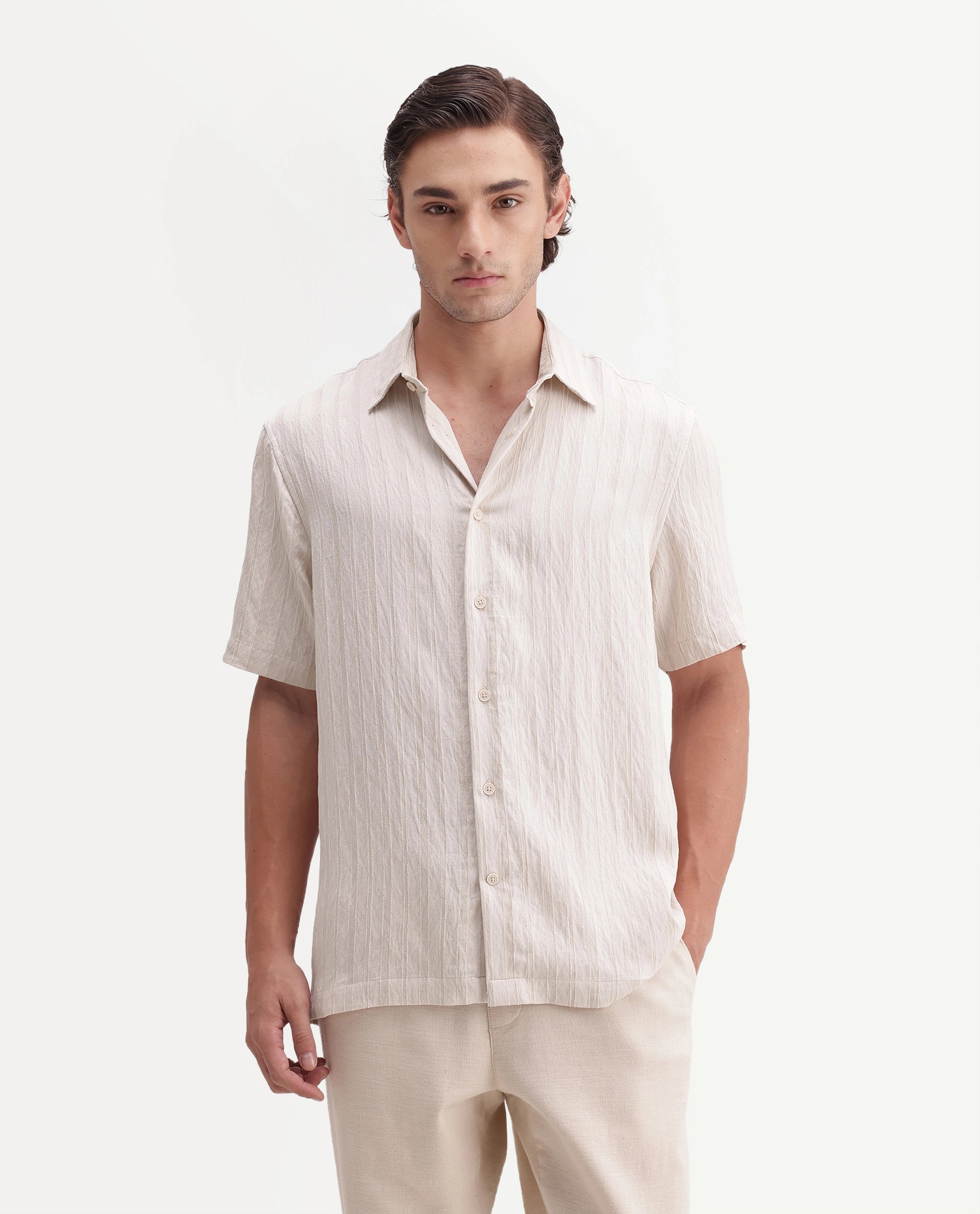 Rare Rabbit Men's Darsh-S Beige Viscose Blend Spread Collar Regular Fit Textured Shirt