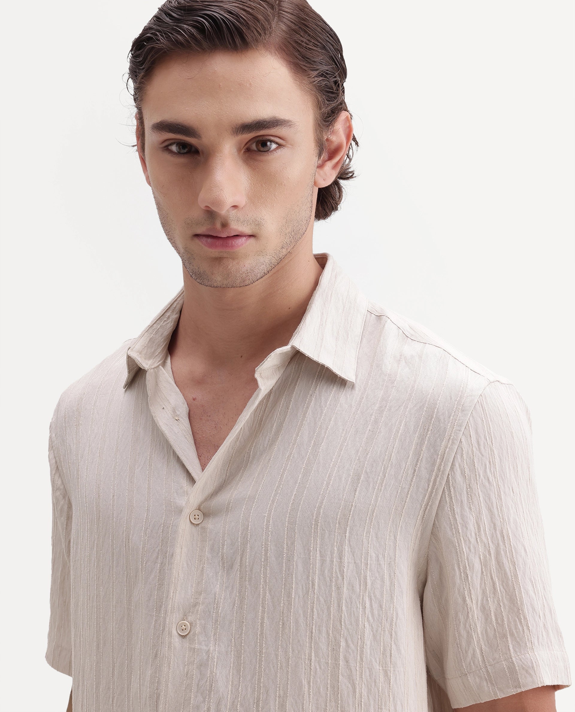 Rare Rabbit Men's Darsh-S Beige Viscose Blend Spread Collar Regular Fit Textured Shirt