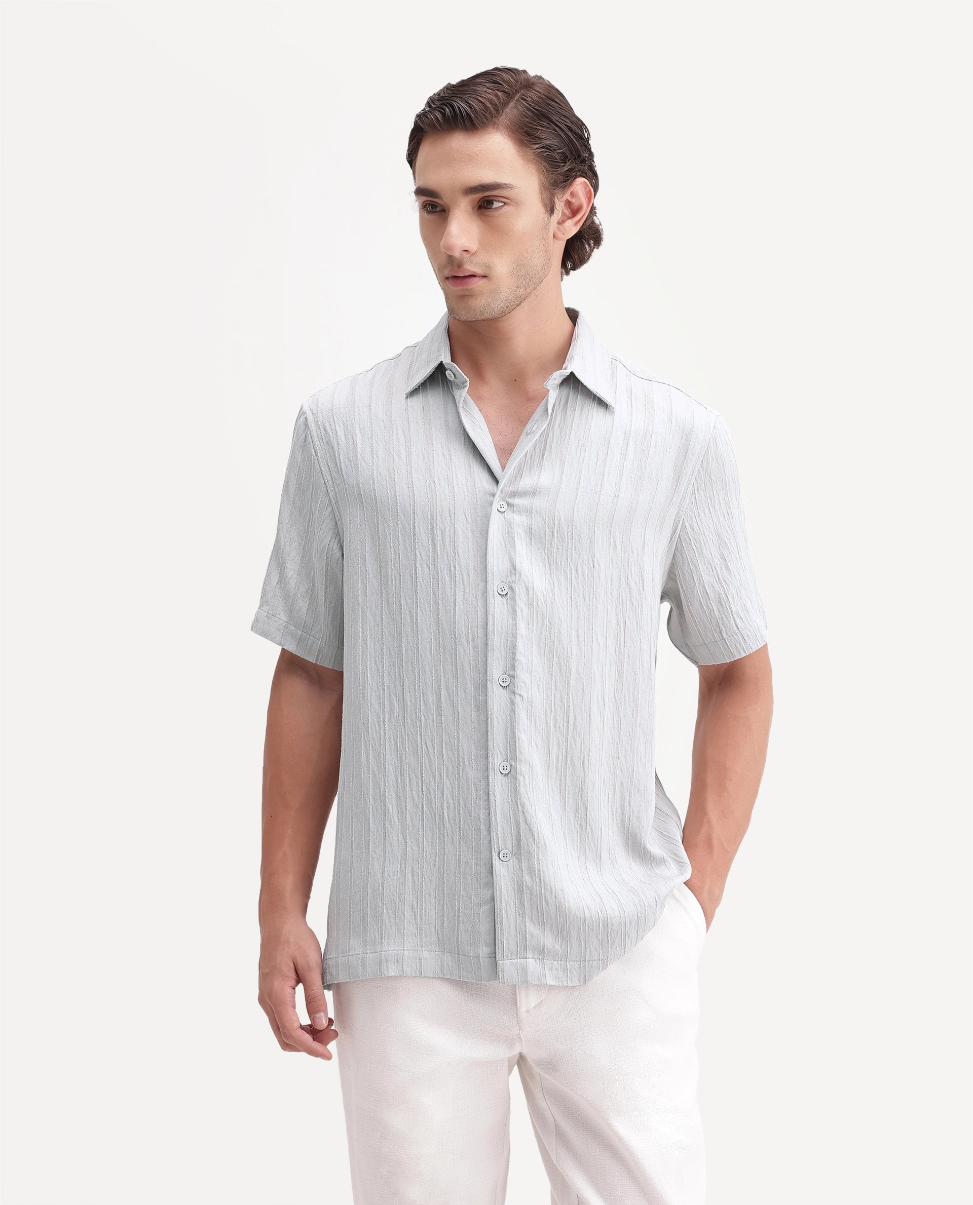 Rare Rabbit Men's Darsh-S Light Blue Viscose Blend Spread Collar Regular Fit Textured Shirt