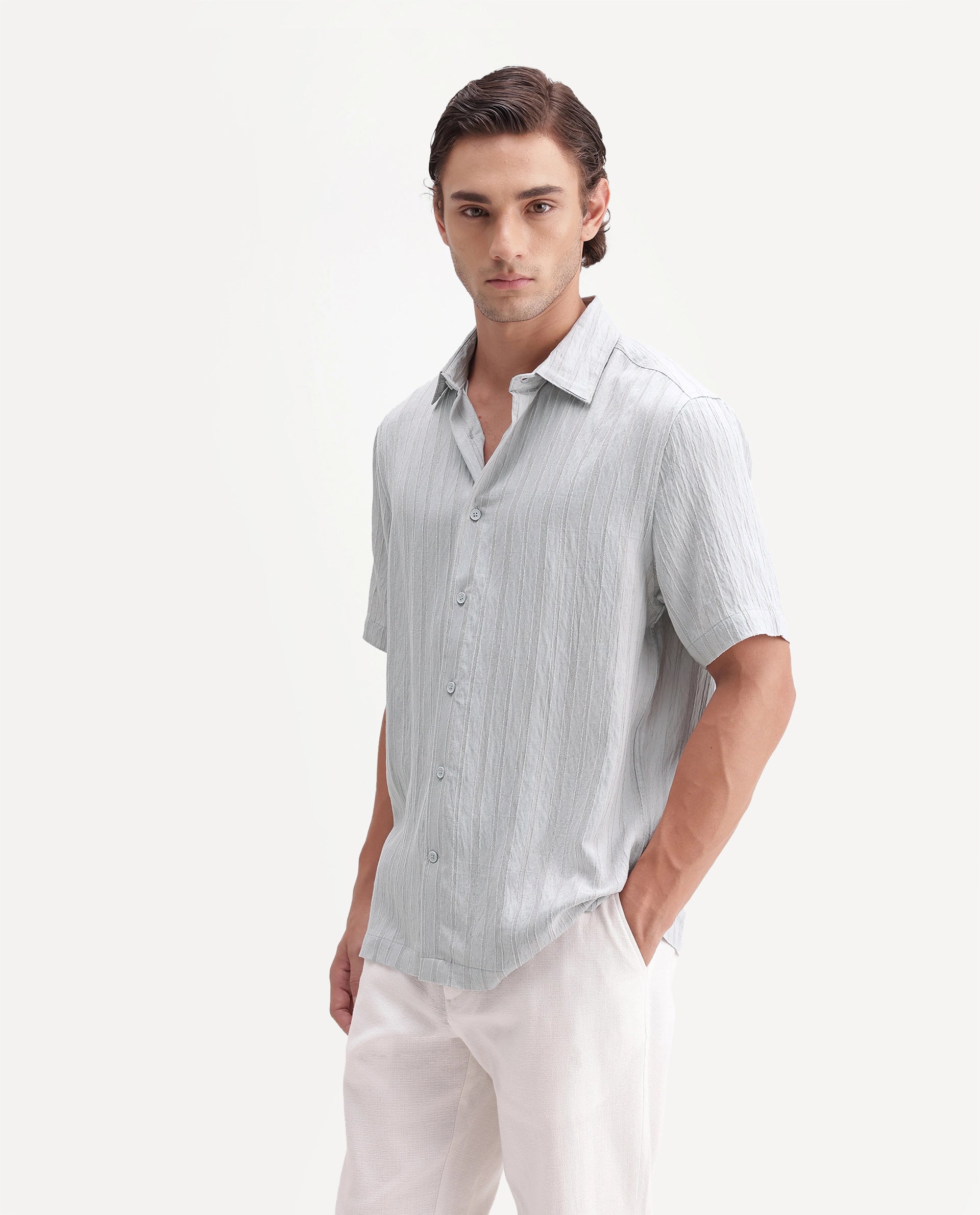 Rare Rabbit Men's Darsh-S Light Blue Viscose Blend Spread Collar Regular Fit Textured Shirt