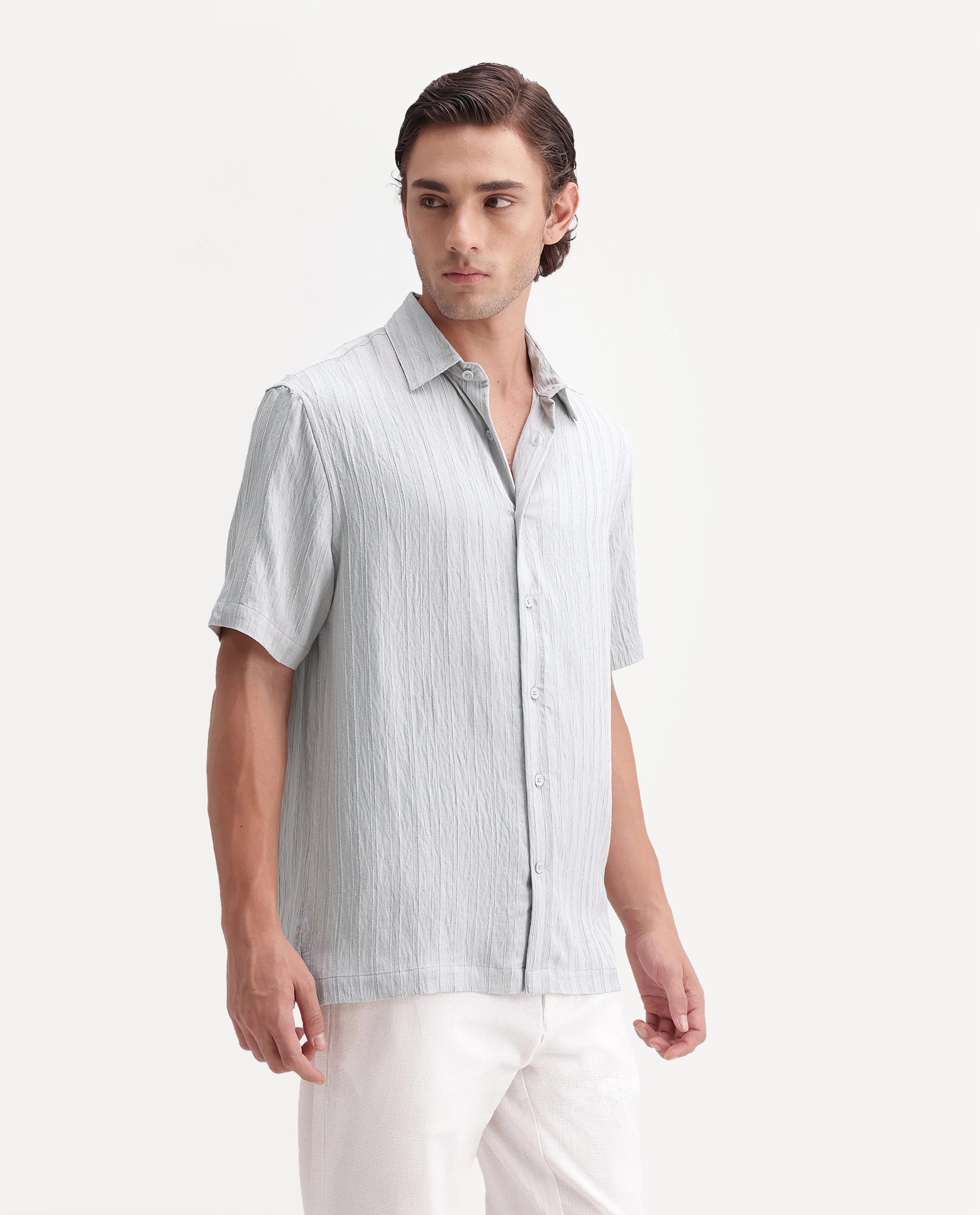Rare Rabbit Men's Darsh-S Light Blue Viscose Blend Spread Collar Regular Fit Textured Shirt