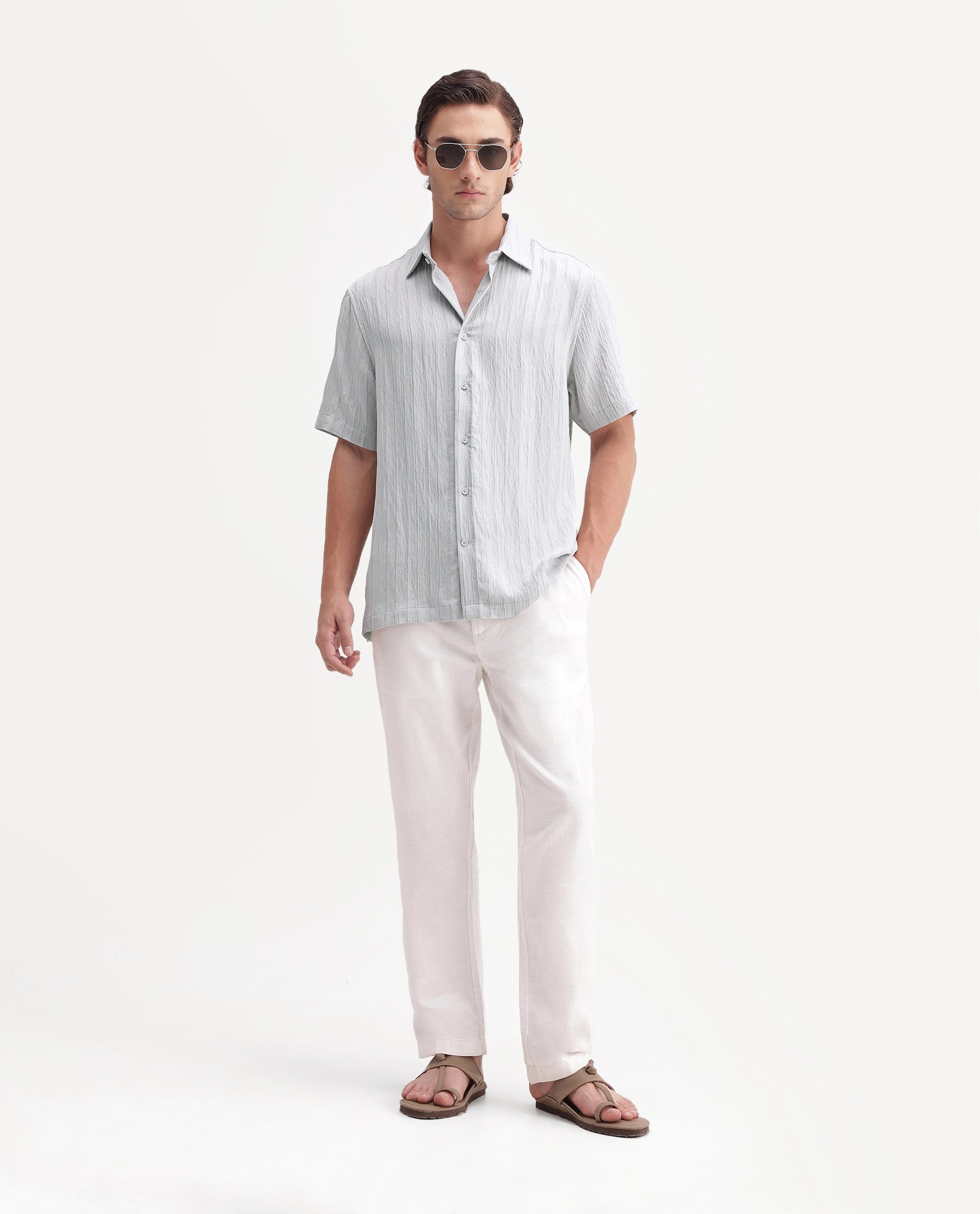 Rare Rabbit Men's Darsh-S Light Blue Viscose Blend Spread Collar Regular Fit Textured Shirt