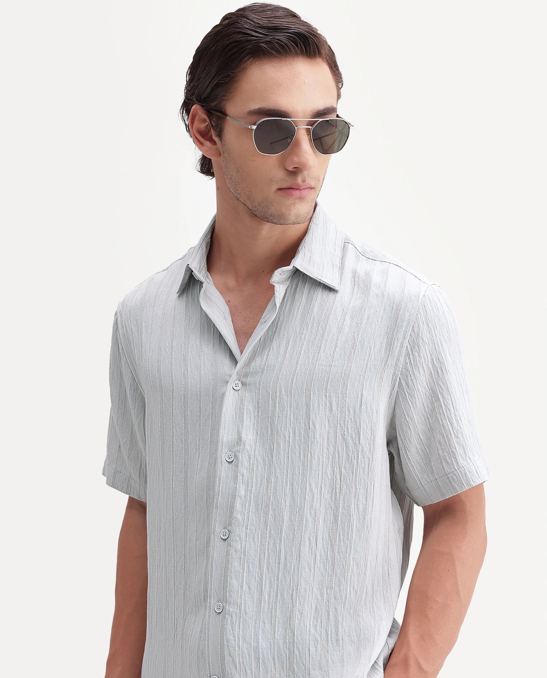 Rare Rabbit Men's Darsh-S Light Blue Viscose Blend Spread Collar Regular Fit Textured Shirt