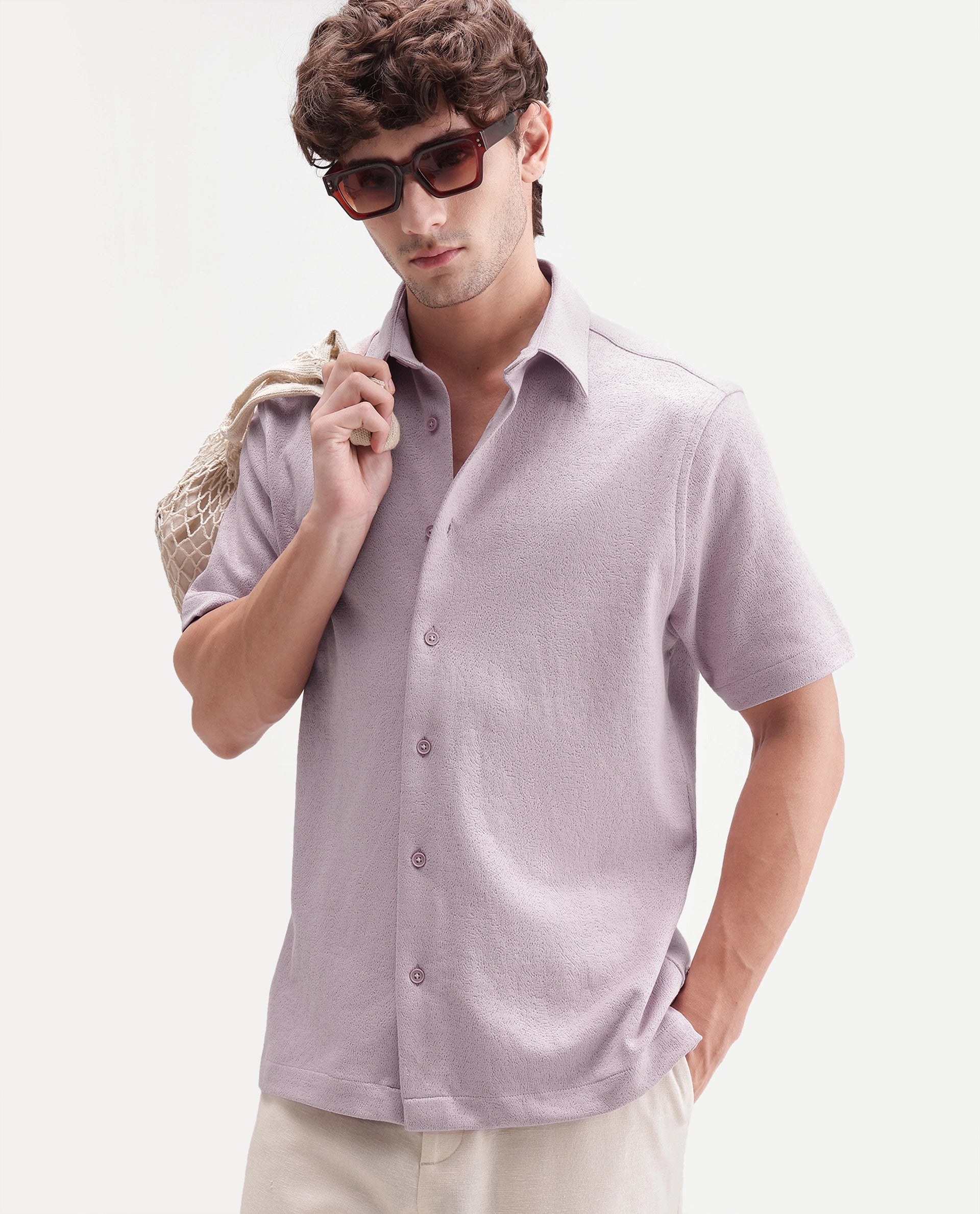 Rare Rabbit Men's Davin-S Light Pink Cotton Blend Spread Collar Regular Fit Textured Shirt