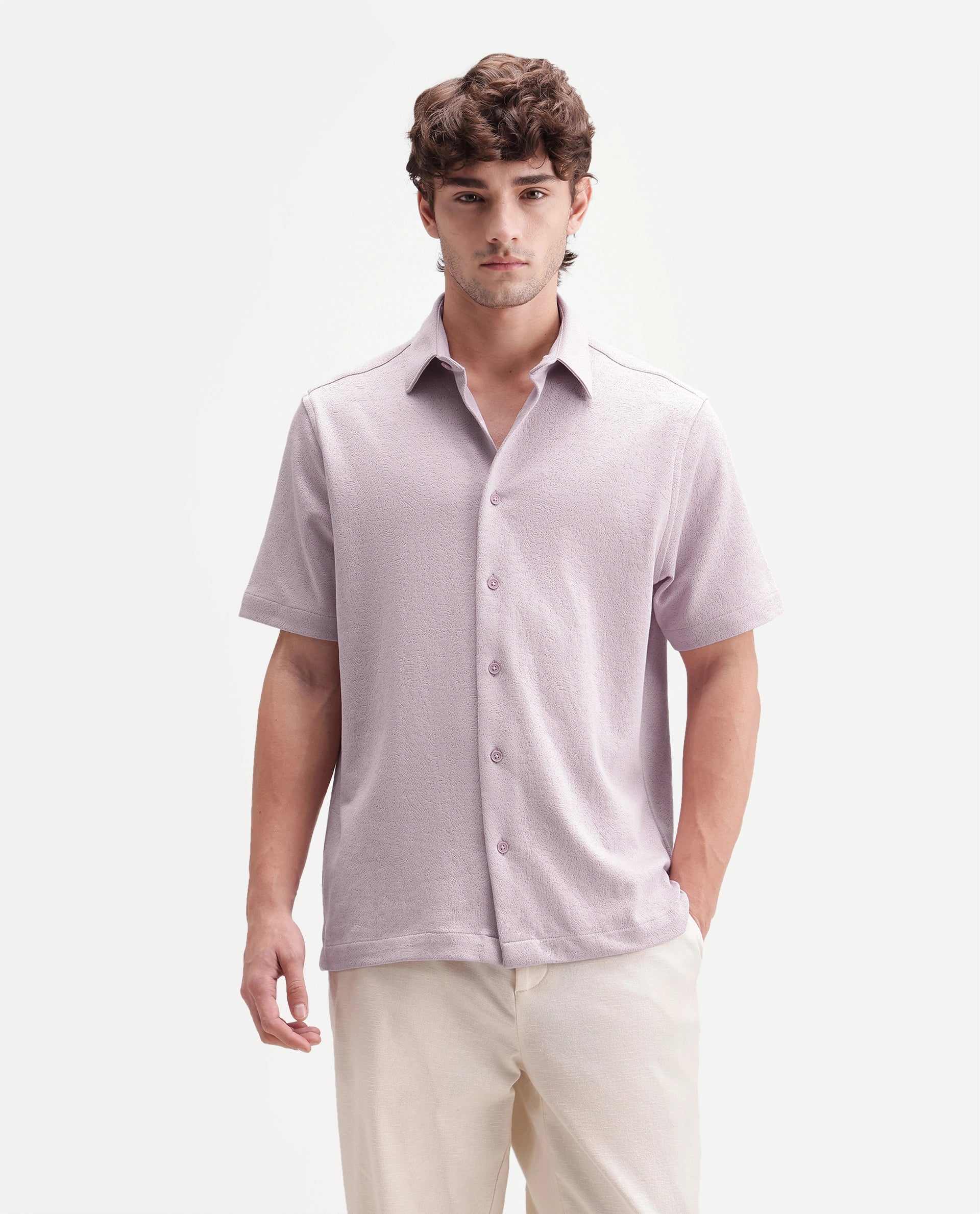 Rare Rabbit Men's Davin-S Light Pink Cotton Blend Spread Collar Regular Fit Textured Shirt
