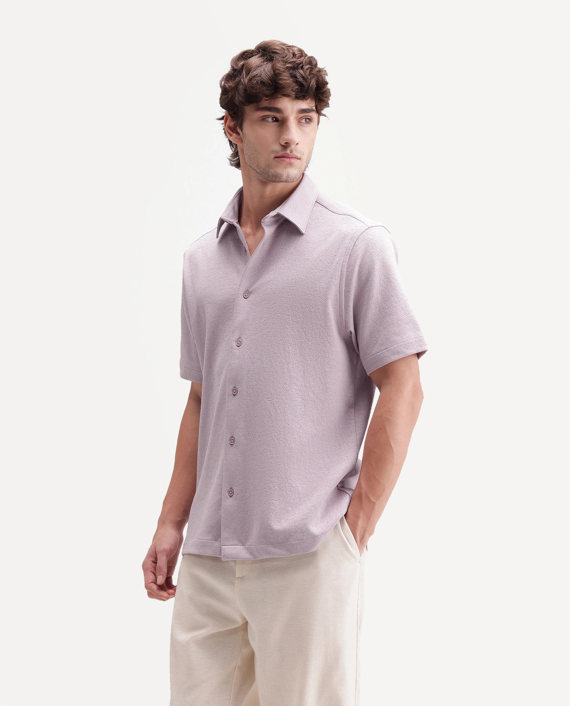Rare Rabbit Men's Davin-S Light Pink Cotton Blend Spread Collar Regular Fit Textured Shirt