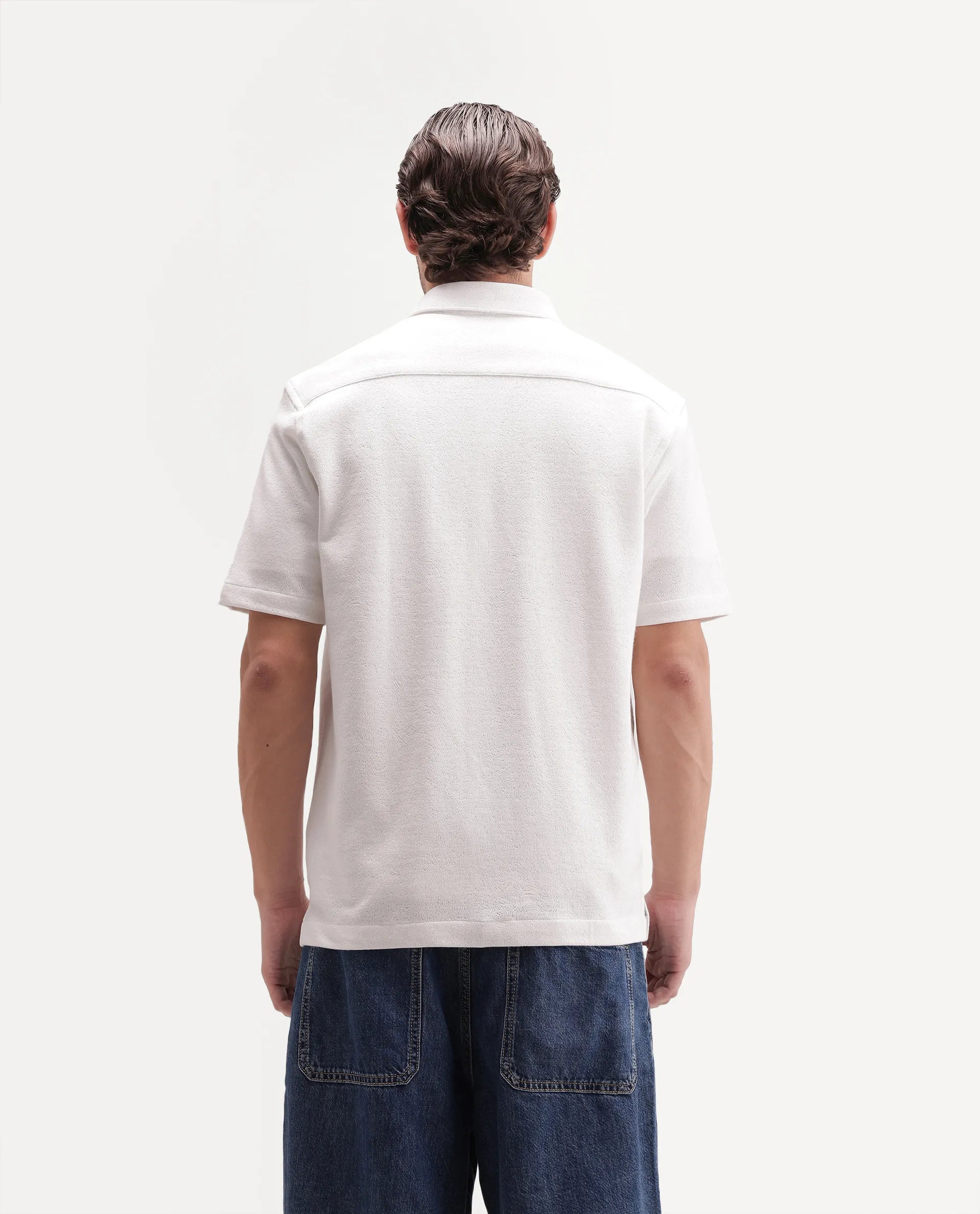 Rare Rabbit Men's Davin-S White Cotton Blend Spread Collar Regular Fit Textured Shirt