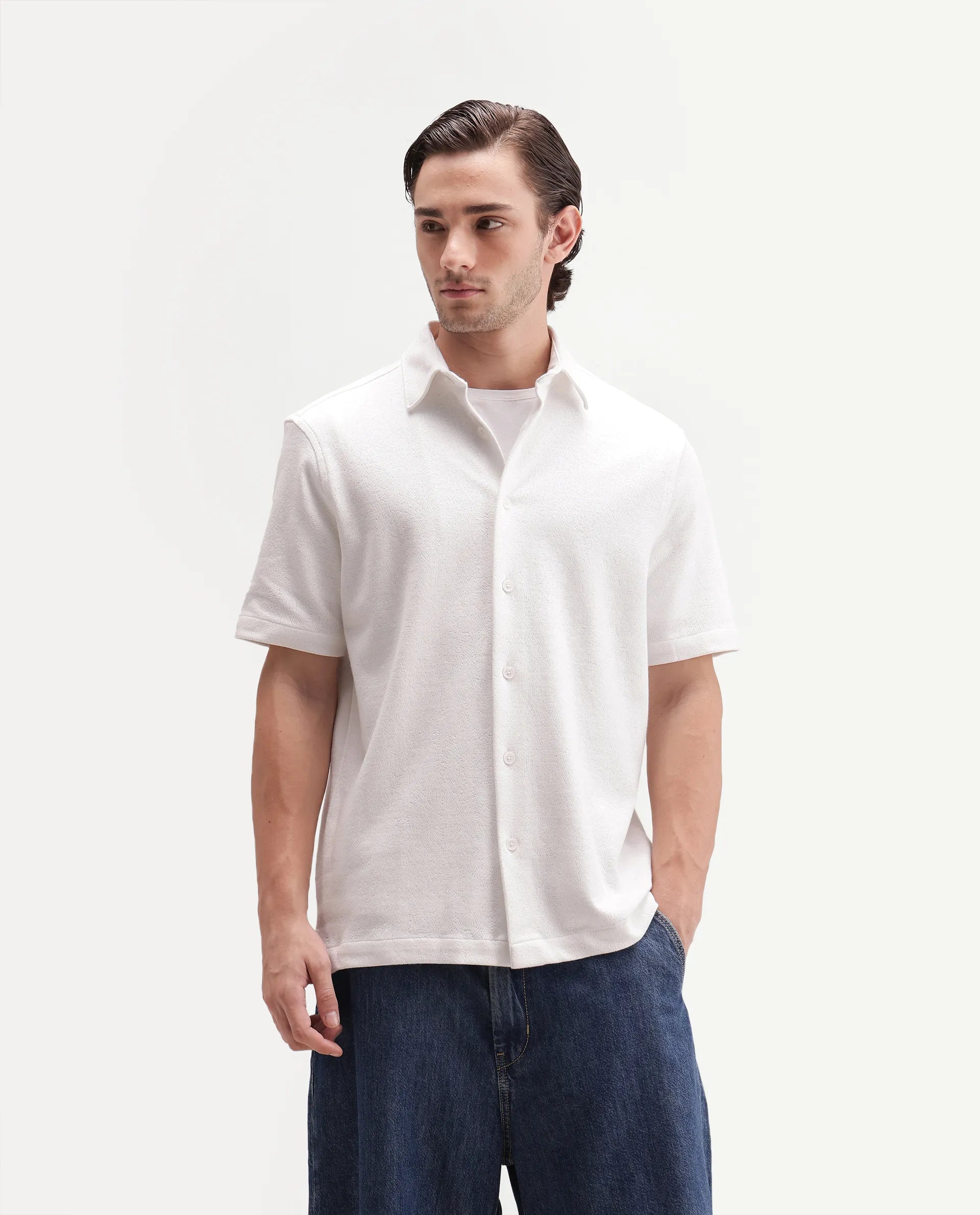 Rare Rabbit Men's Davin-S White Cotton Blend Spread Collar Regular Fit Textured Shirt