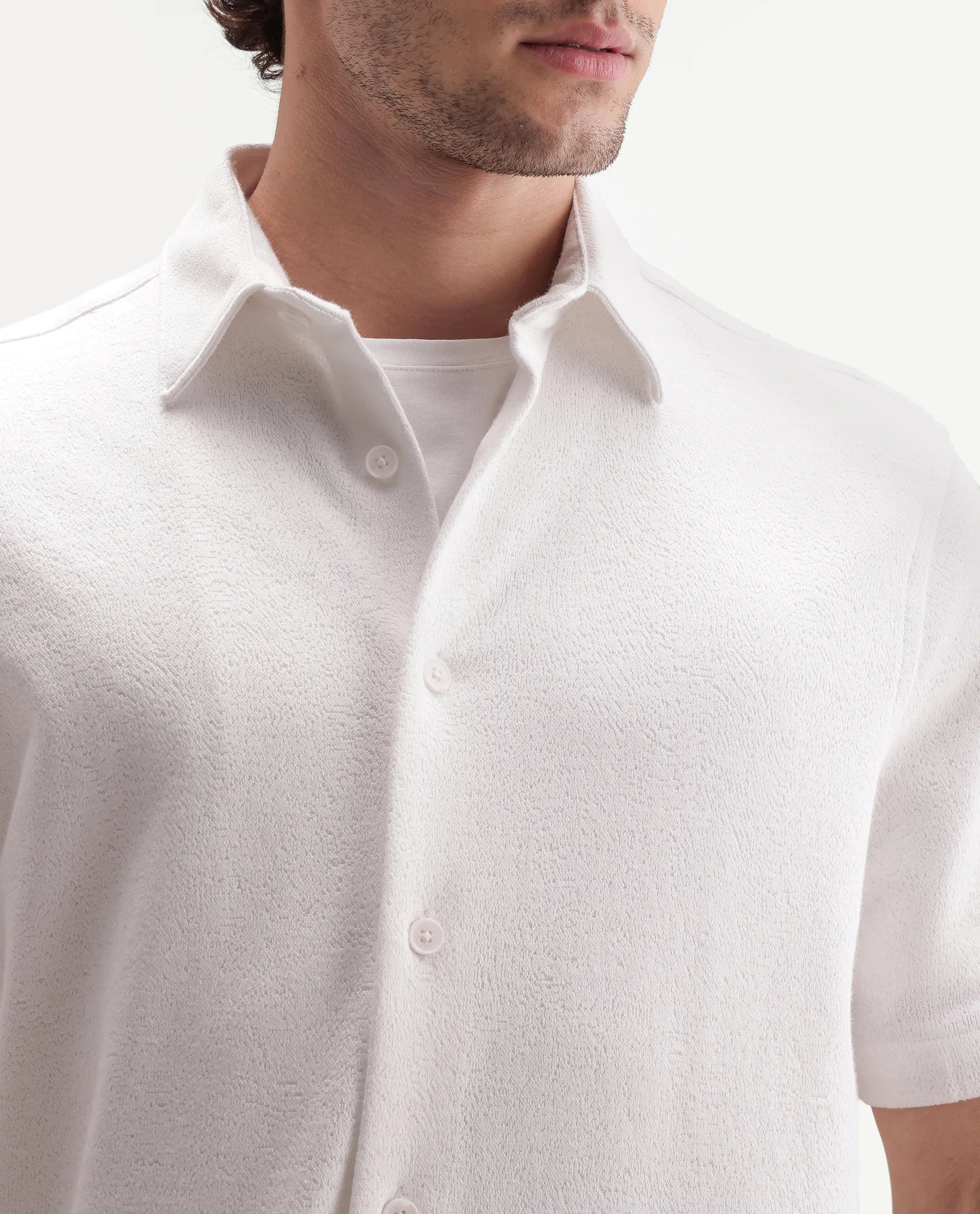 Rare Rabbit Men's Davin-S White Cotton Blend Spread Collar Regular Fit Textured Shirt