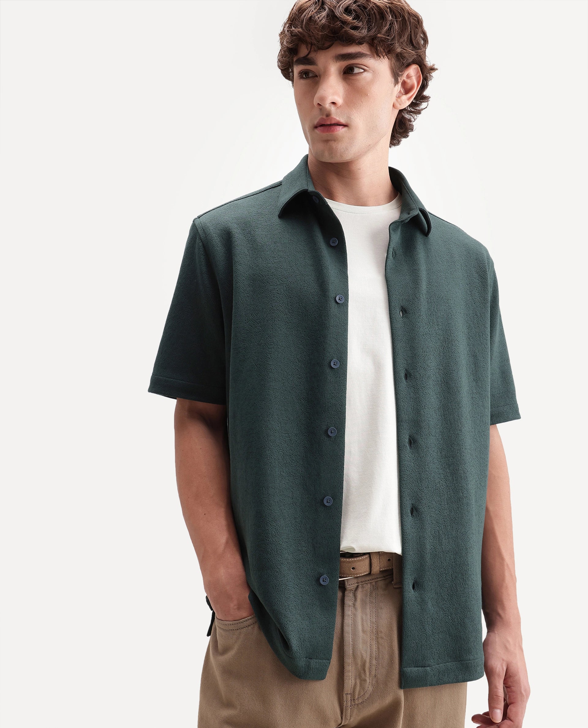 Rare Rabbit Men's Davin-S Dark Green Cotton Blend Spread Collar Regular Fit Textured Shirt