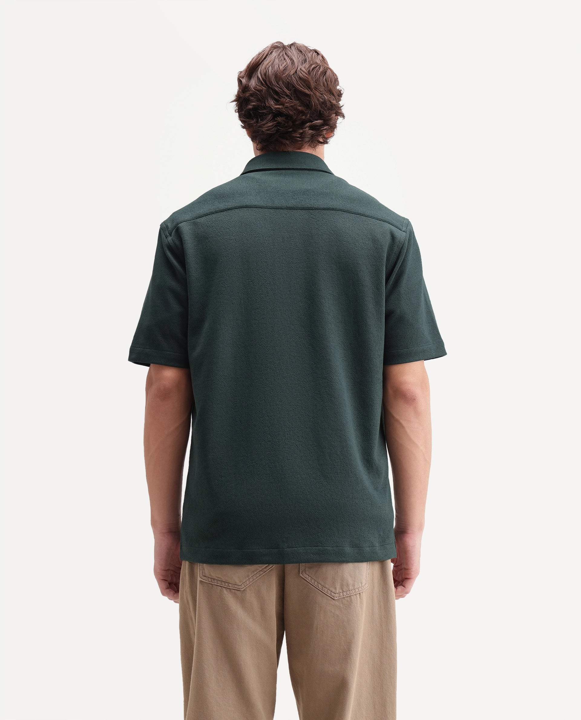 Rare Rabbit Men's Davin-S Dark Green Cotton Blend Spread Collar Regular Fit Textured Shirt