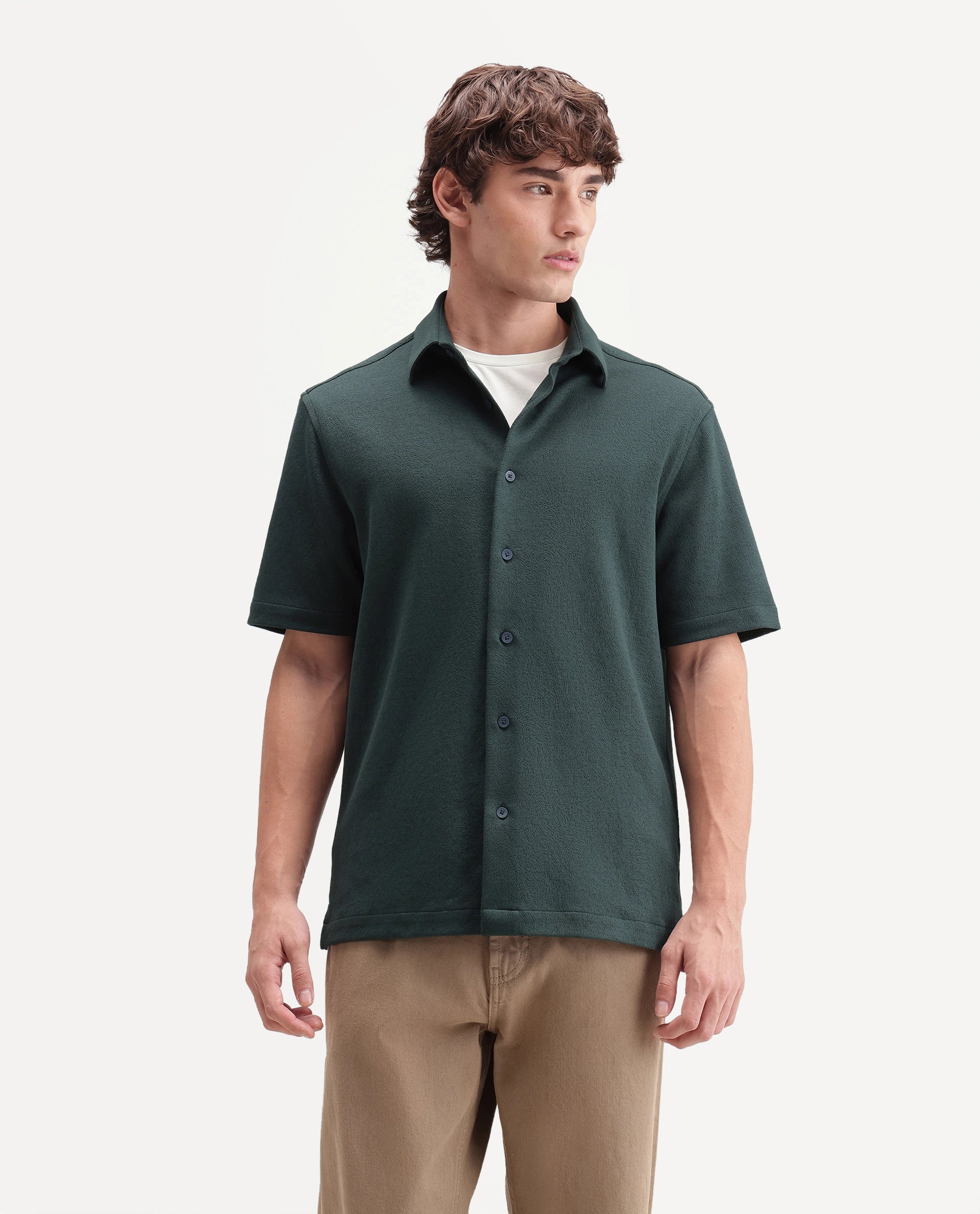 Rare Rabbit Men's Davin-S Dark Green Cotton Blend Spread Collar Regular Fit Textured Shirt