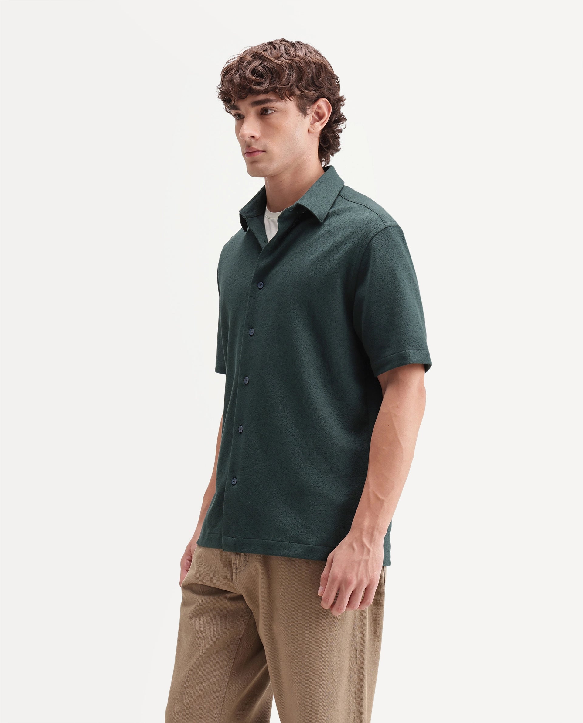 Rare Rabbit Men's Davin-S Dark Green Cotton Blend Spread Collar Regular Fit Textured Shirt