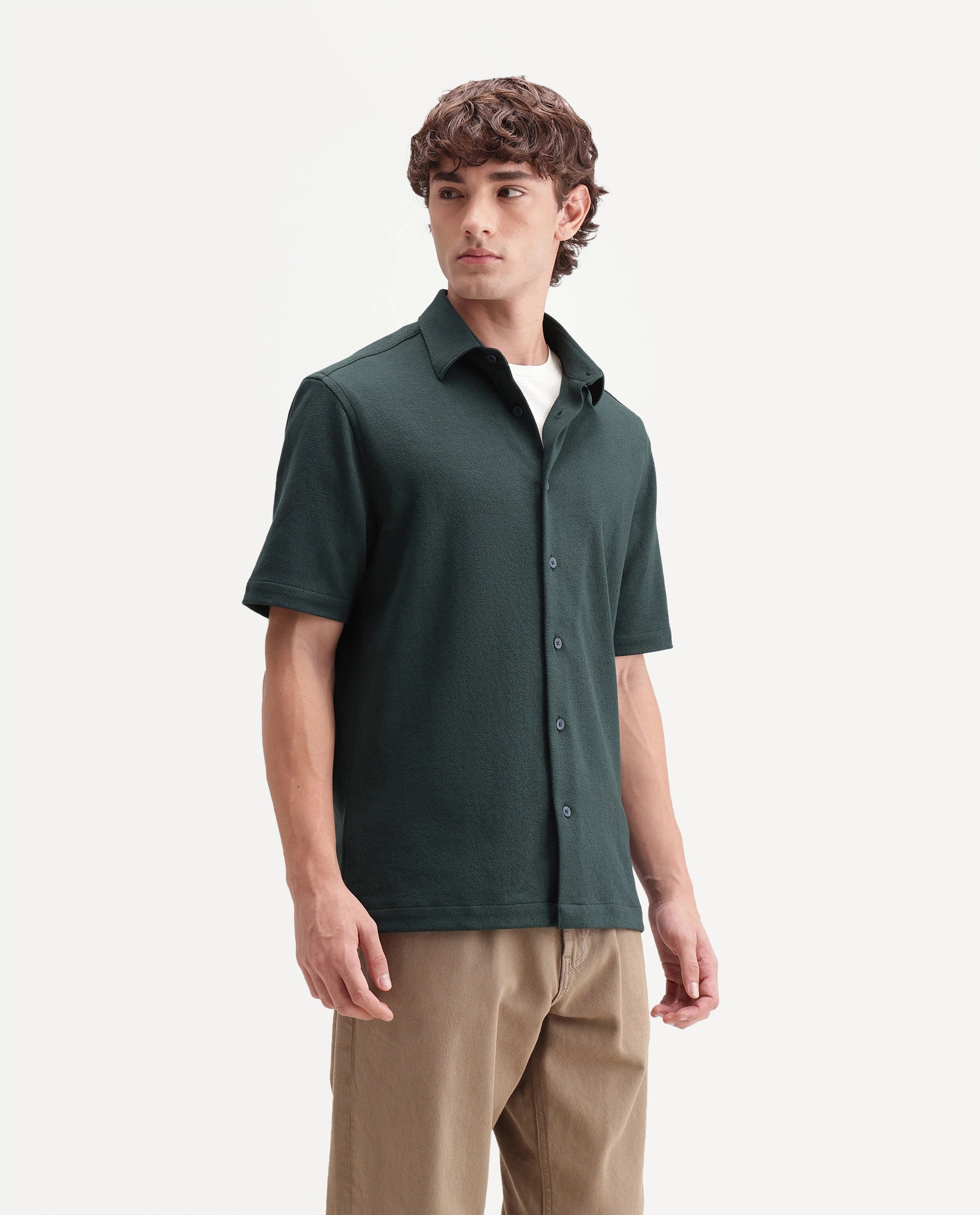 Rare Rabbit Men's Davin-S Dark Green Cotton Blend Spread Collar Regular Fit Textured Shirt