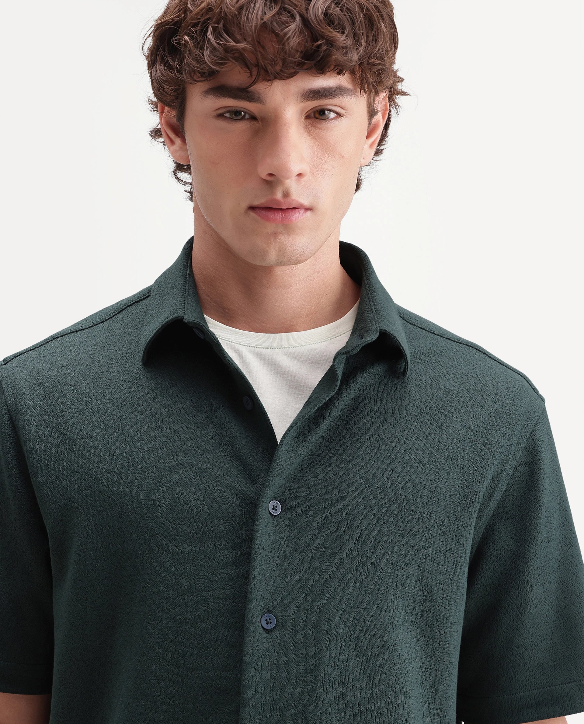 Rare Rabbit Men's Davin-S Dark Green Cotton Blend Spread Collar Regular Fit Textured Shirt