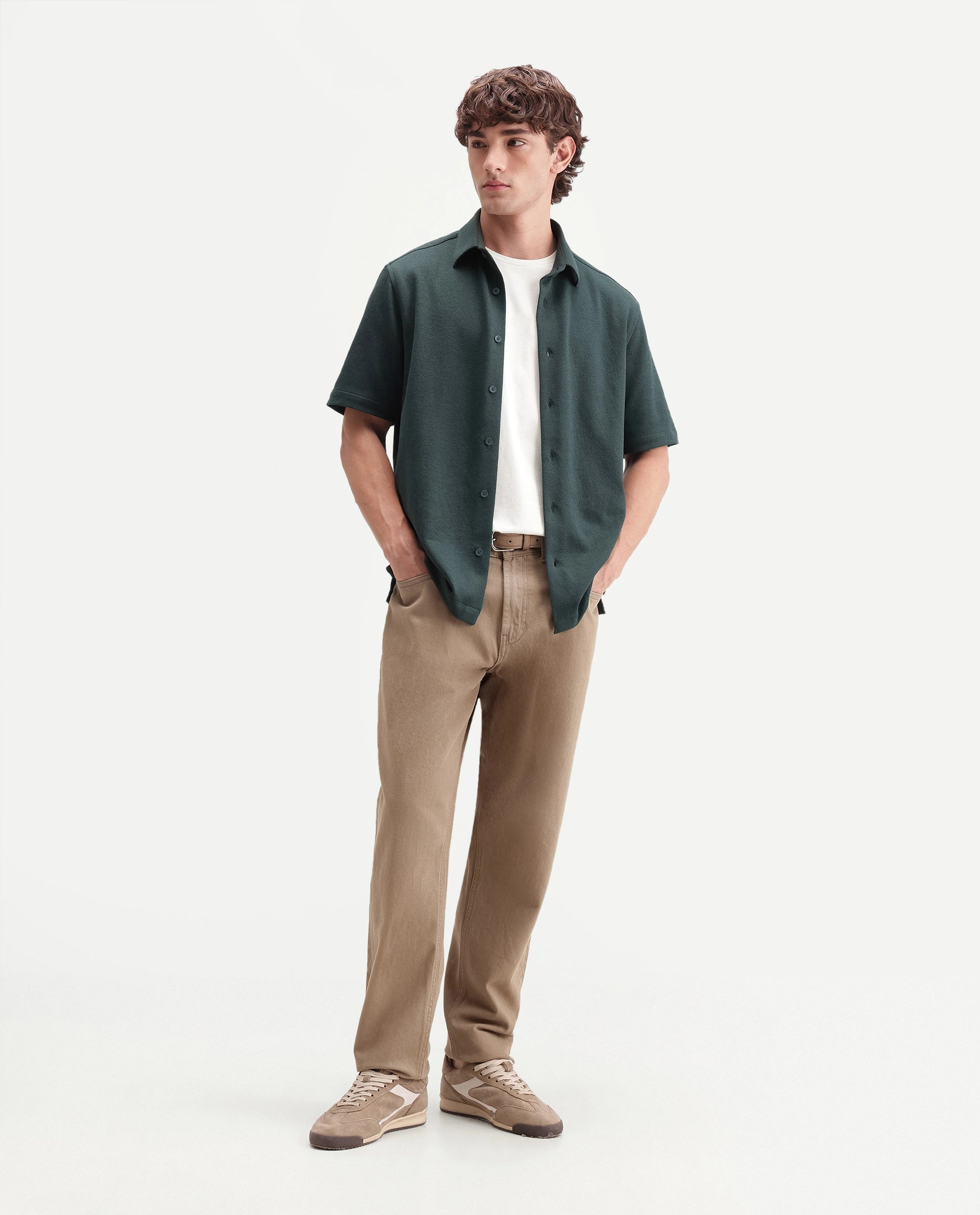 Rare Rabbit Men's Davin-S Dark Green Cotton Blend Spread Collar Regular Fit Textured Shirt