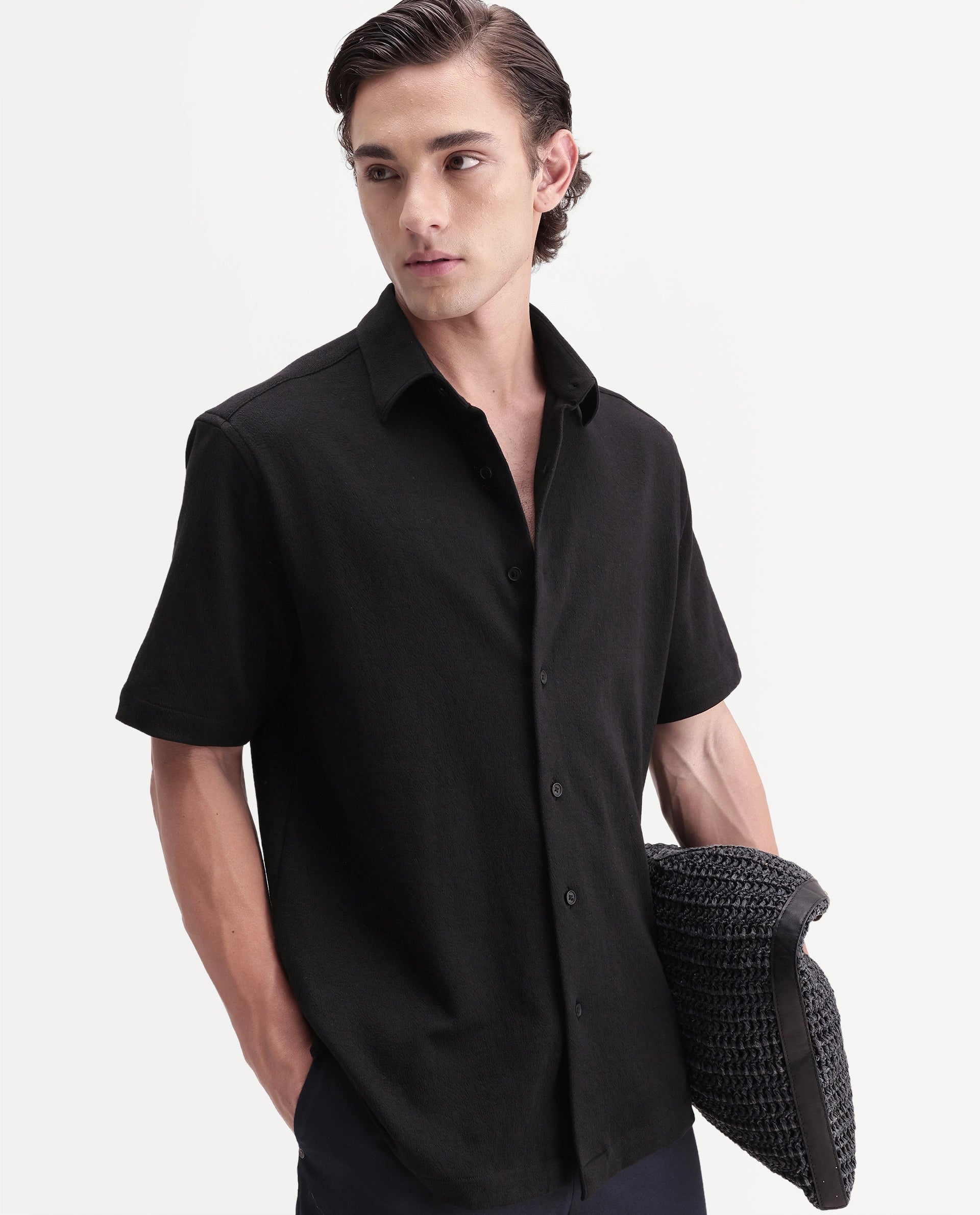 Rare Rabbit Men's Davin-S Black Cotton Blend Spread Collar Regular Fit Textured Shirt