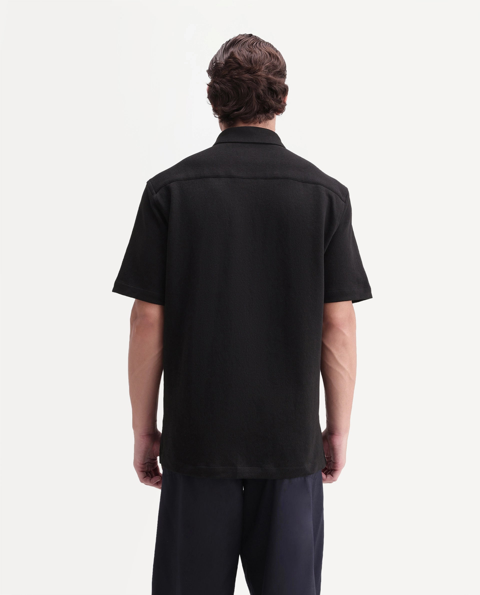 Rare Rabbit Men's Davin-S Black Cotton Blend Spread Collar Regular Fit Textured Shirt