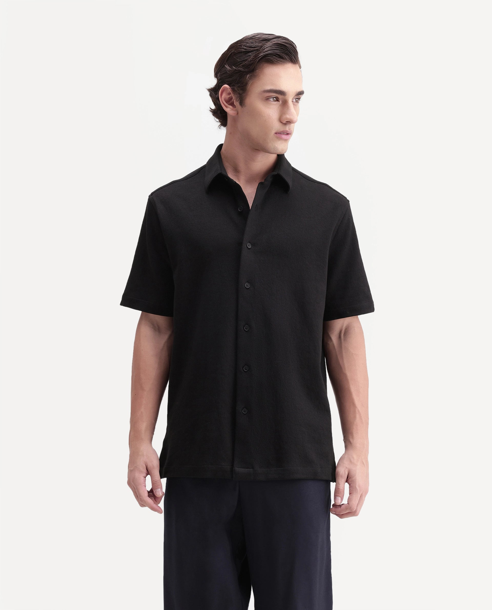 Rare Rabbit Men's Davin-S Black Cotton Blend Spread Collar Regular Fit Textured Shirt