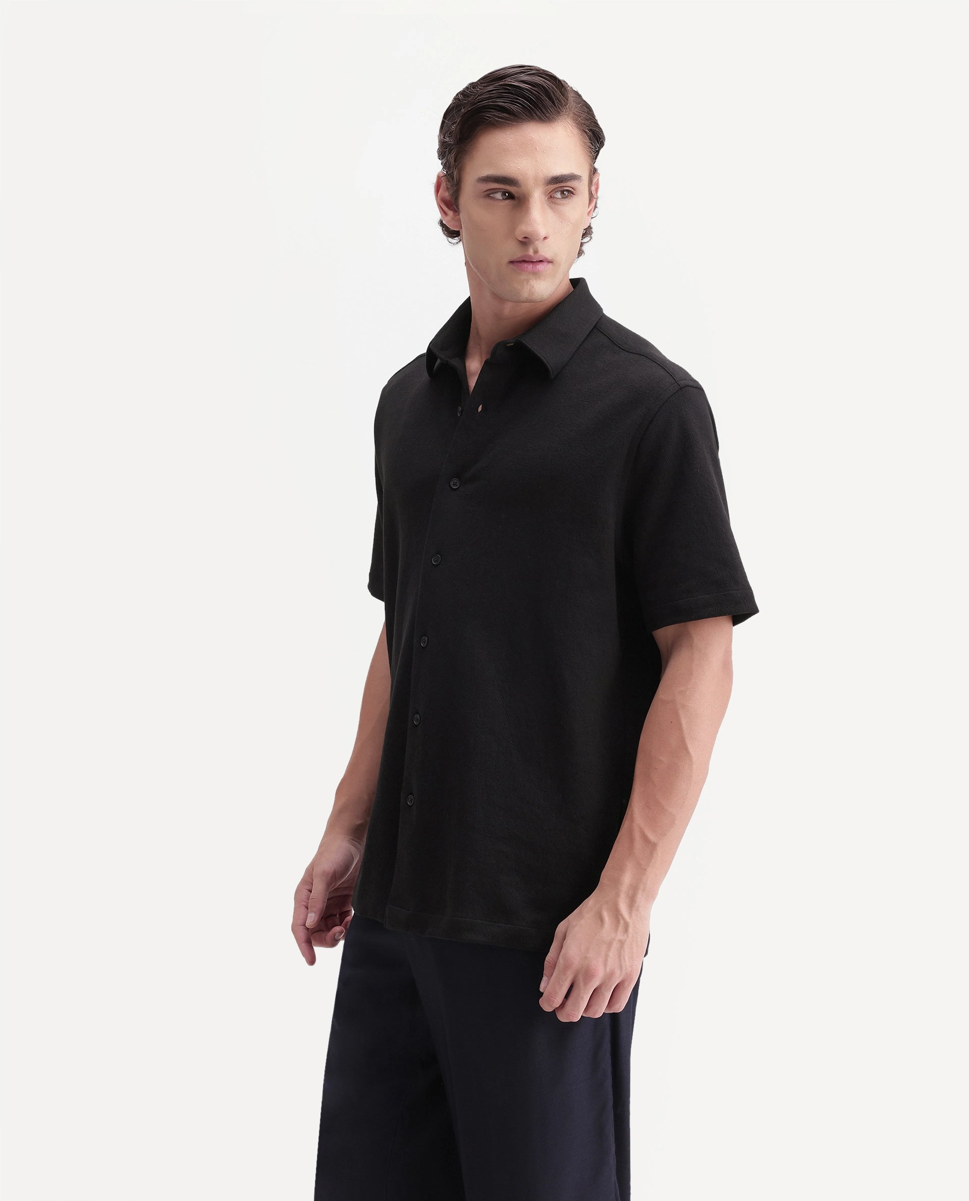 Rare Rabbit Men's Davin-S Black Cotton Blend Spread Collar Regular Fit Textured Shirt