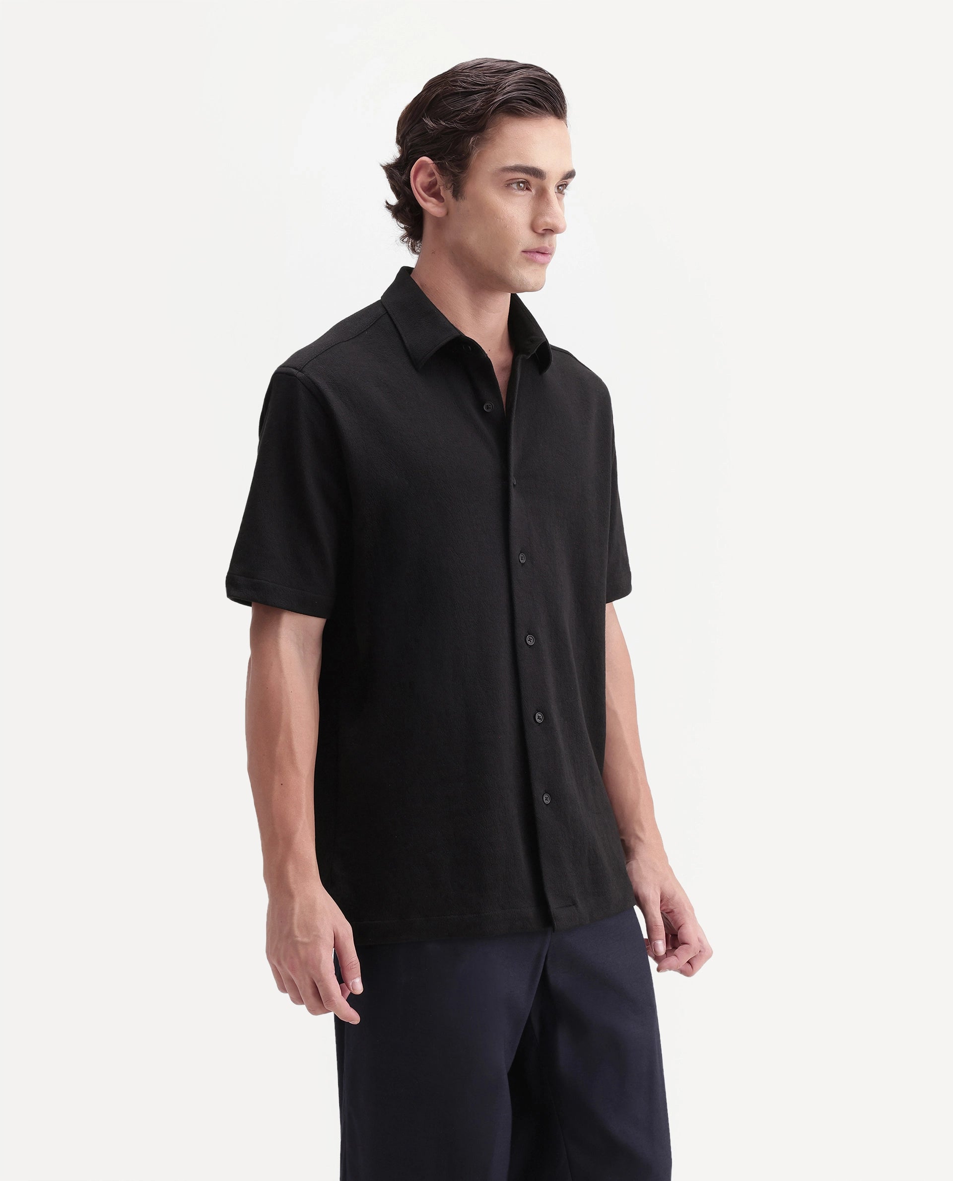 Rare Rabbit Men's Davin-S Black Cotton Blend Spread Collar Regular Fit Textured Shirt