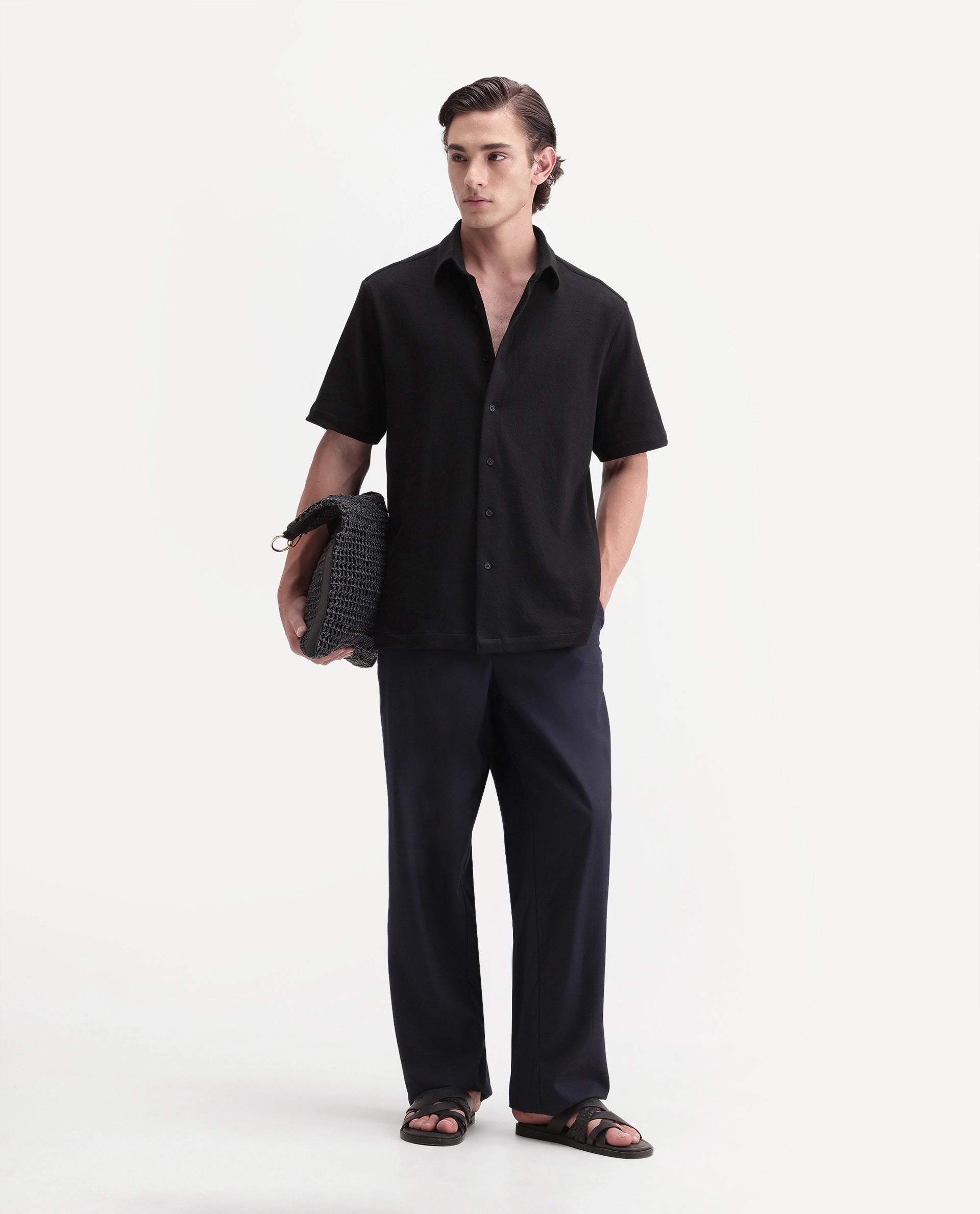 Rare Rabbit Men's Davin-S Black Cotton Blend Spread Collar Regular Fit Textured Shirt